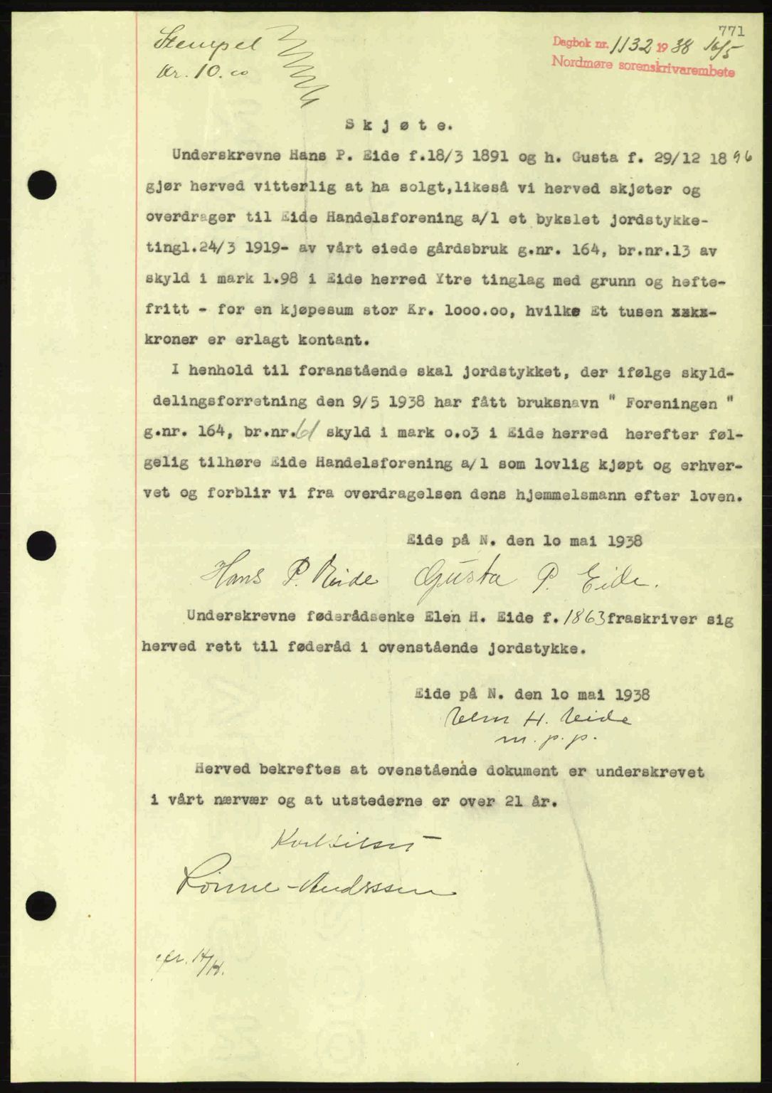 Nordmøre sorenskriveri, SAT/A-4132/1/2/2Ca: Pantebok nr. A83, 1938-1938, Dagboknr: 1132/1938