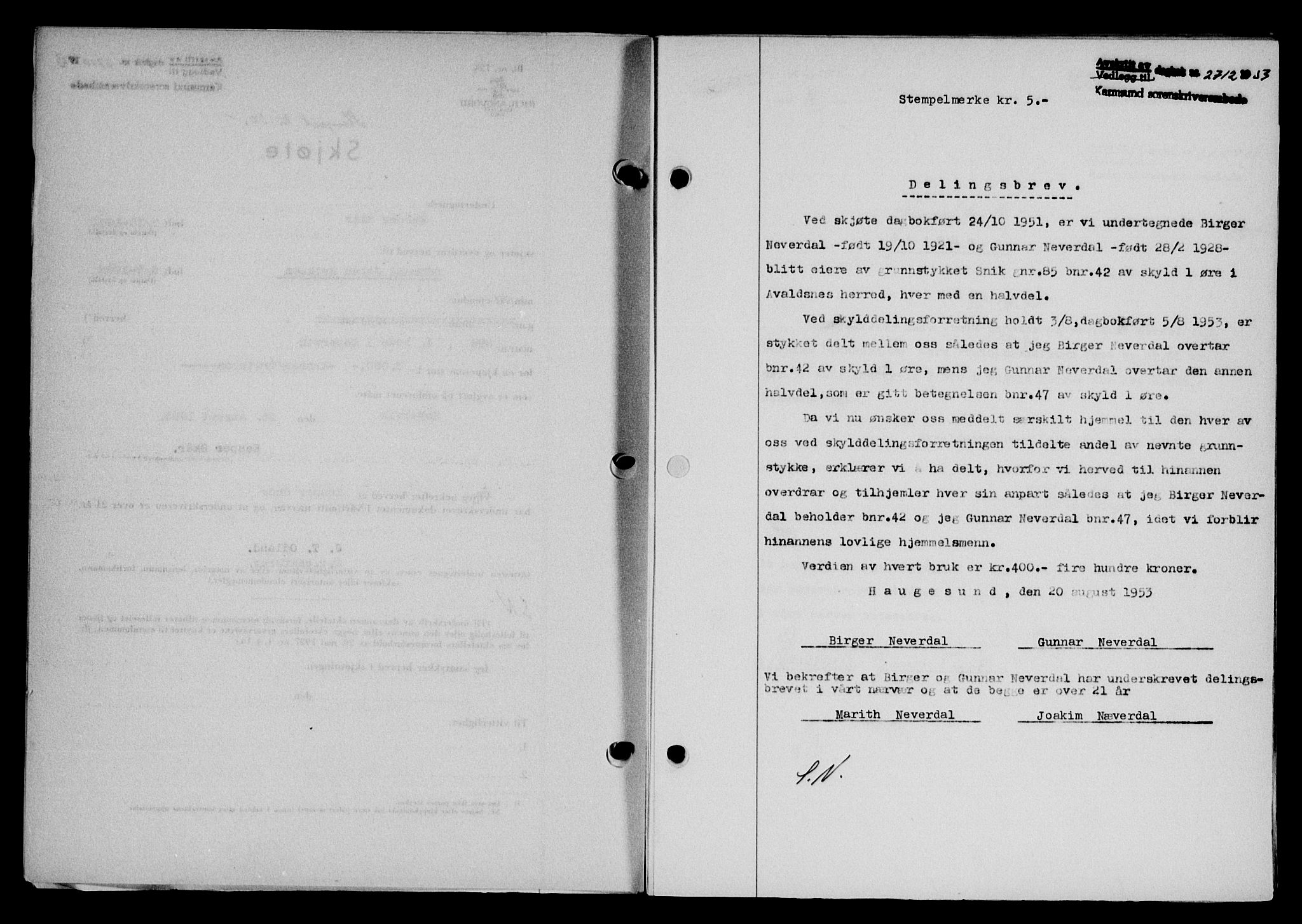 Karmsund sorenskriveri, SAST/A-100311/01/II/IIB/L0109: Pantebok nr. 89A, 1953-1953, Dagboknr: 2712/1953