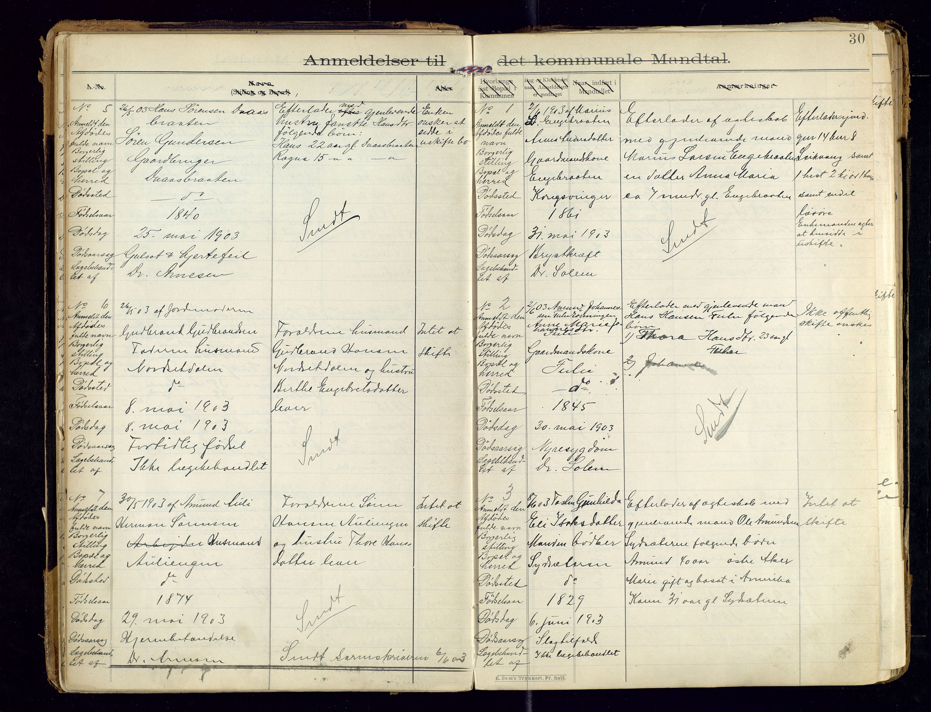 Sør-Odal lensmannskontor, SAH/LHS-022/H/Hb/L0001/0002: Protokoller over anmeldte dødsfall / Protokoll over anmeldte dødsfall, 1901-1913, s. 30