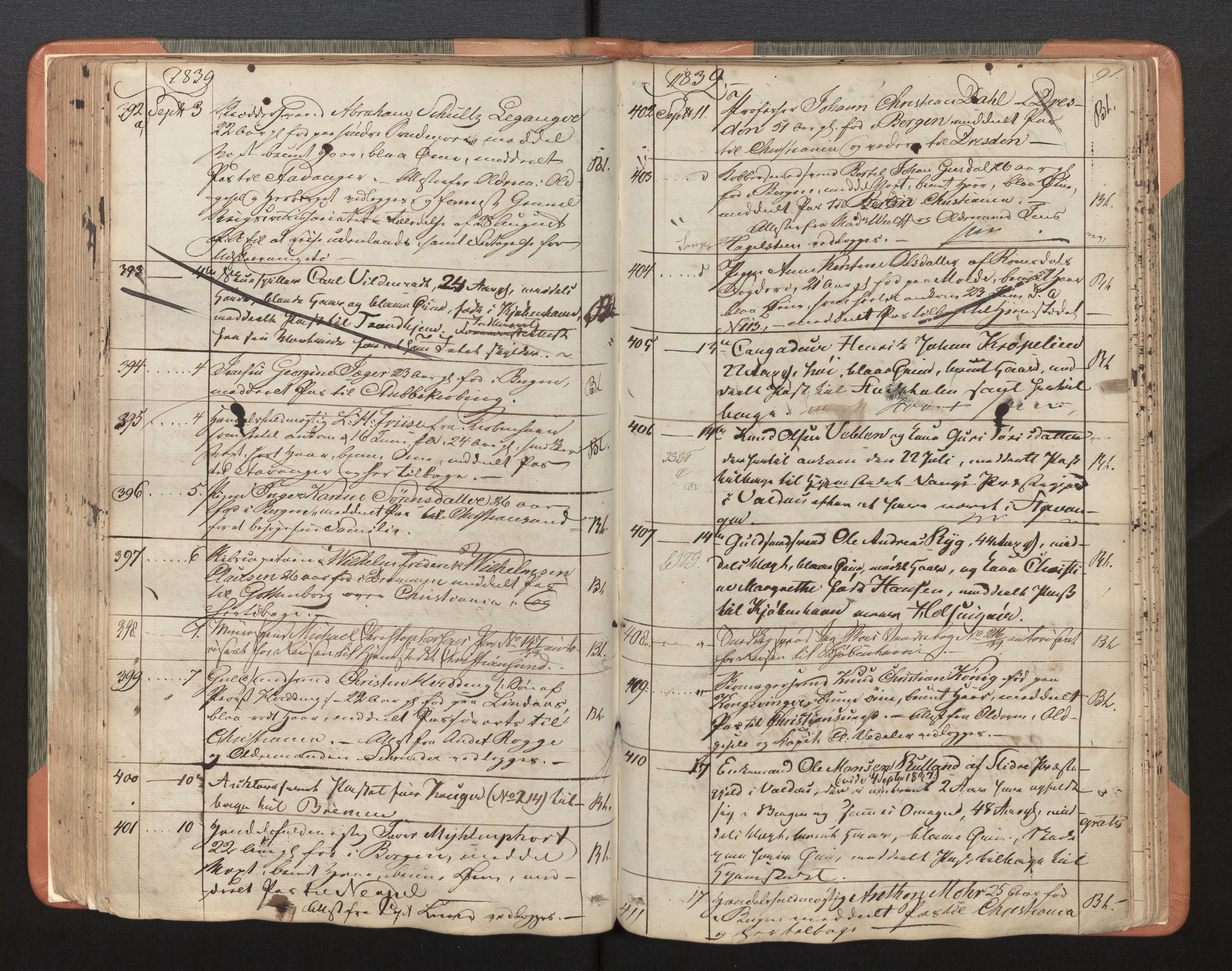 Bergen politikammer / politidistrikt, AV/SAB-A-60401/L/La/Lab/L0003: Passprotokoll, 1836-1842, s. 91