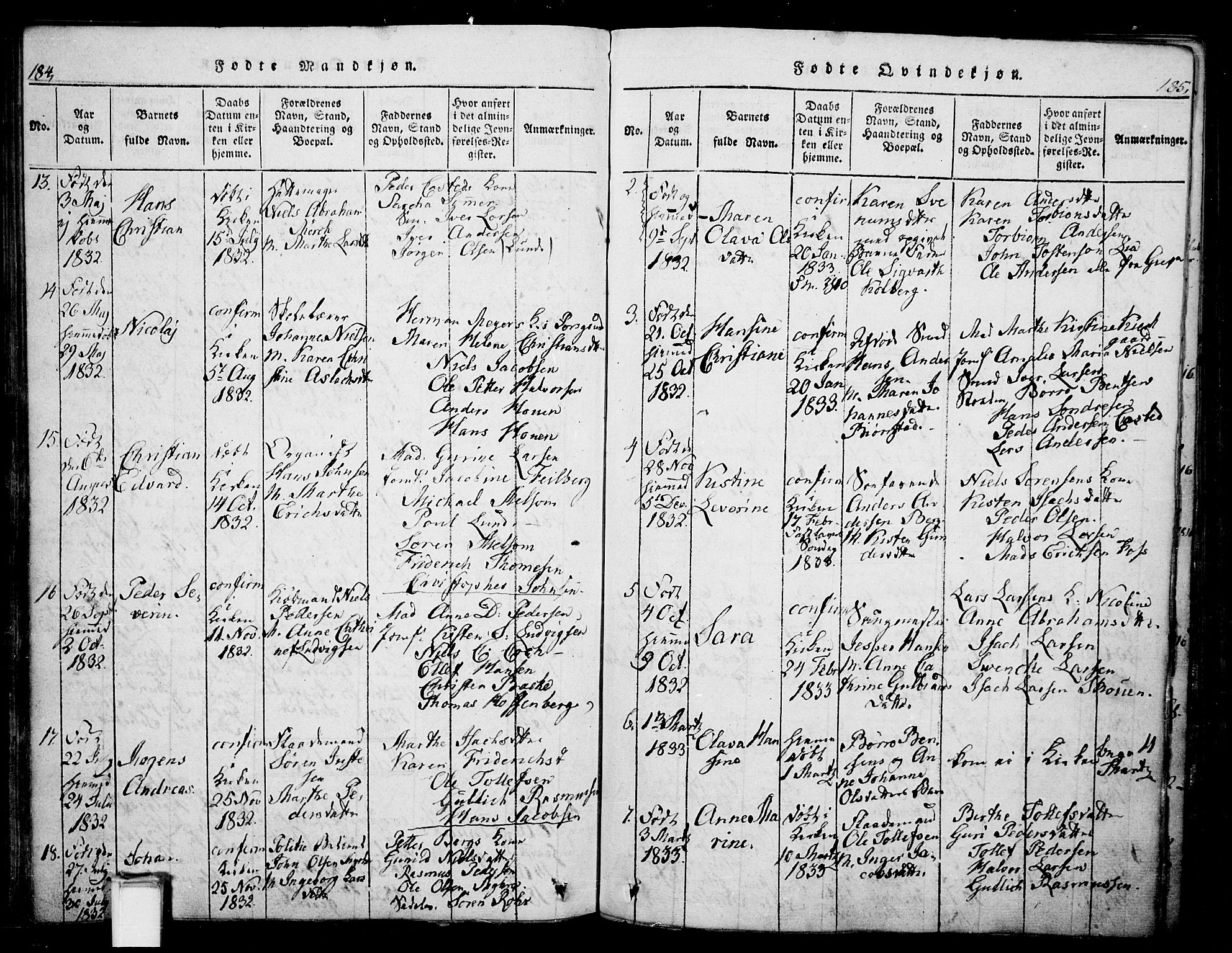Skien kirkebøker, AV/SAKO-A-302/G/Ga/L0002: Klokkerbok nr. 2, 1814-1842, s. 184-185