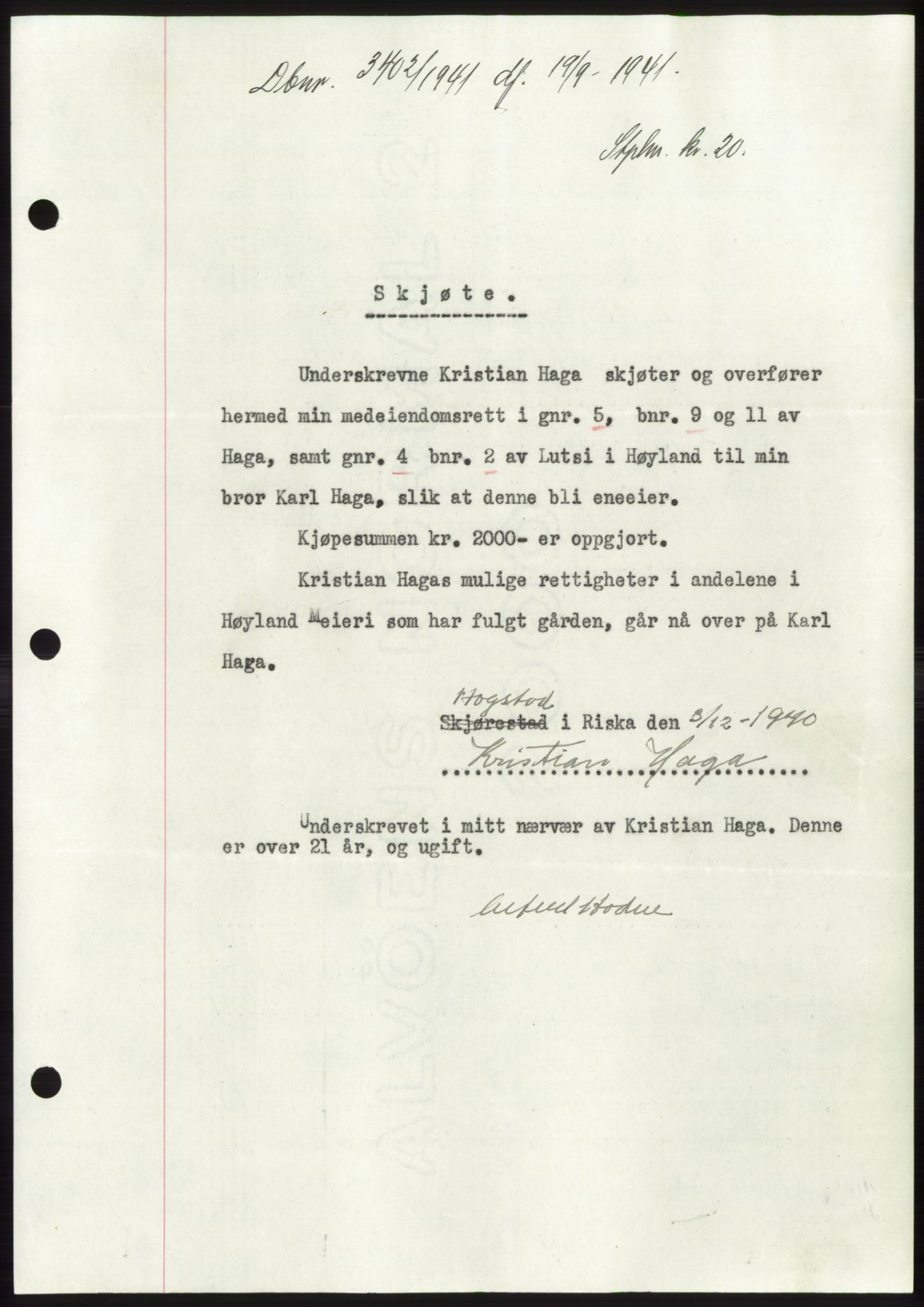 Jæren sorenskriveri, SAST/A-100310/03/G/Gba/L0081: Pantebok, 1941-1941, Dagboknr: 3402/1941