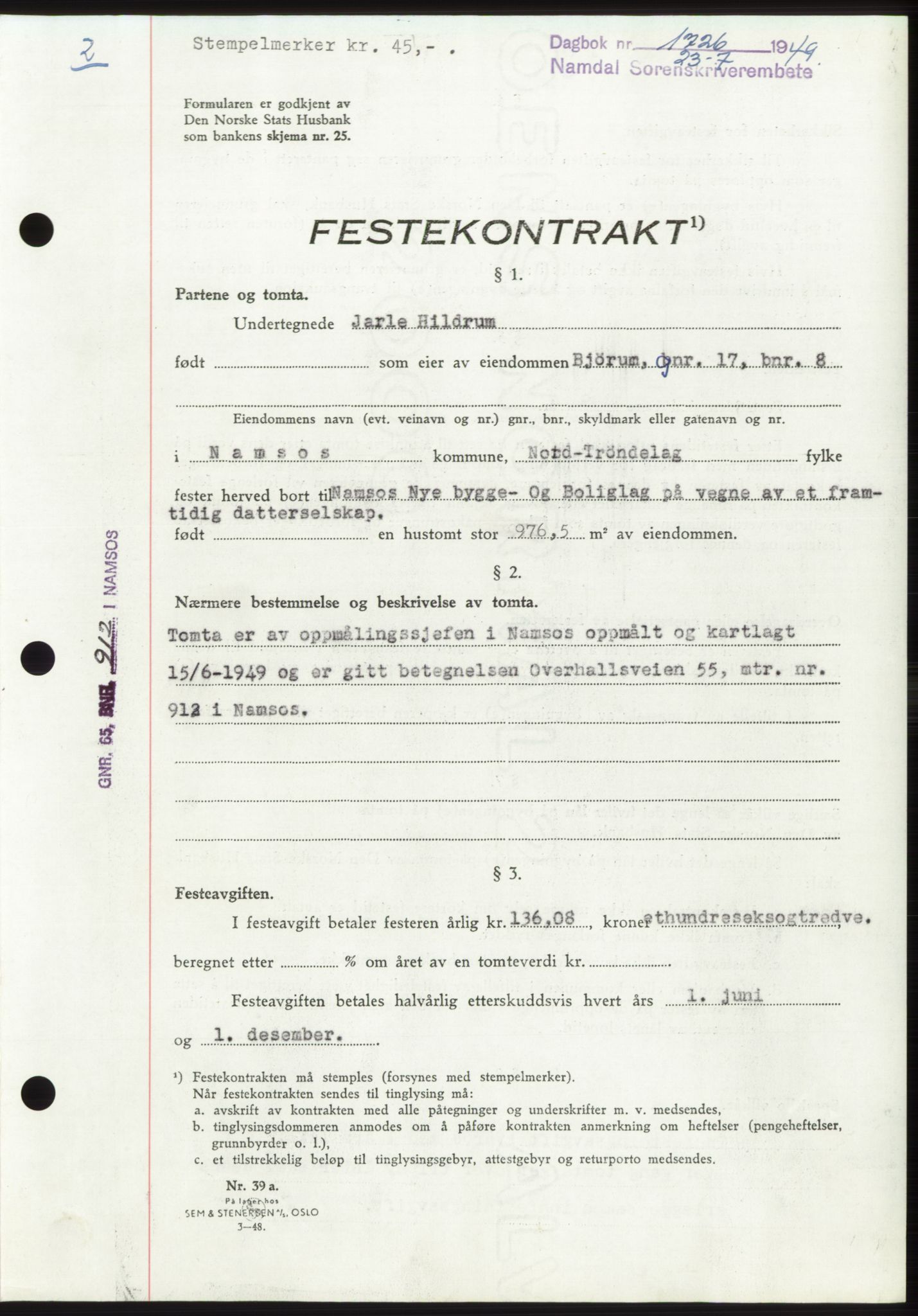 Namdal sorenskriveri, SAT/A-4133/1/2/2C: Pantebok nr. -, 1949-1949, Dagboknr: 1726/1949