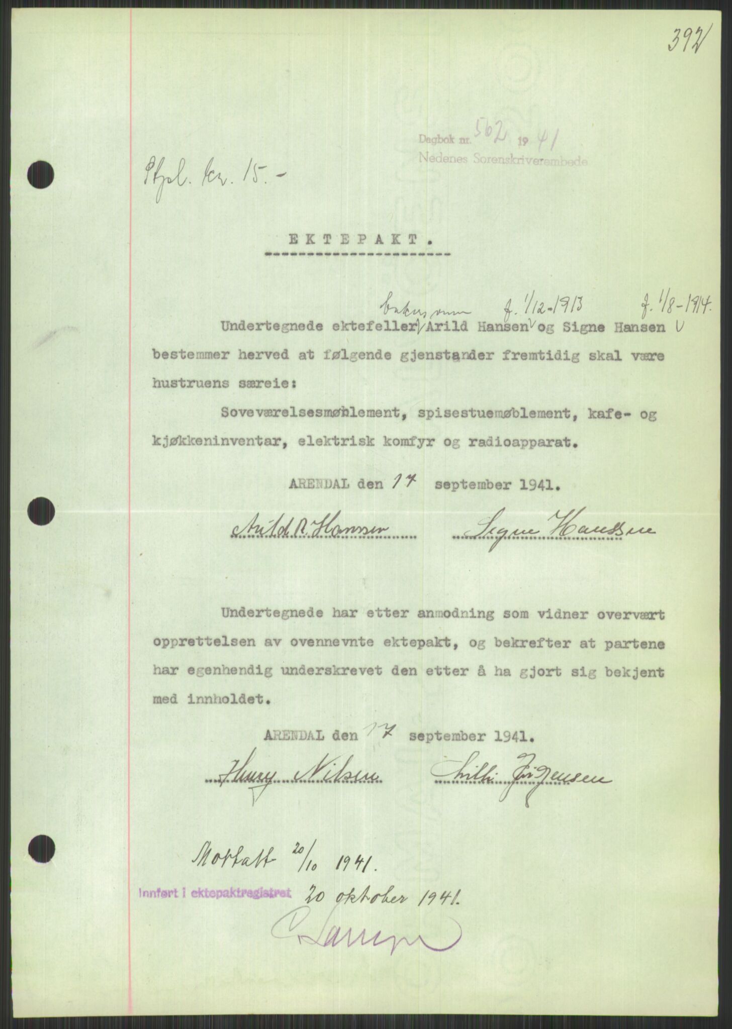 Oslo byskriverembete, AV/SAO-A-10227/2/G/Gb/L0047: Tinglyste ektepakter, Aust-Agder, bind 1-2, 1928-1950