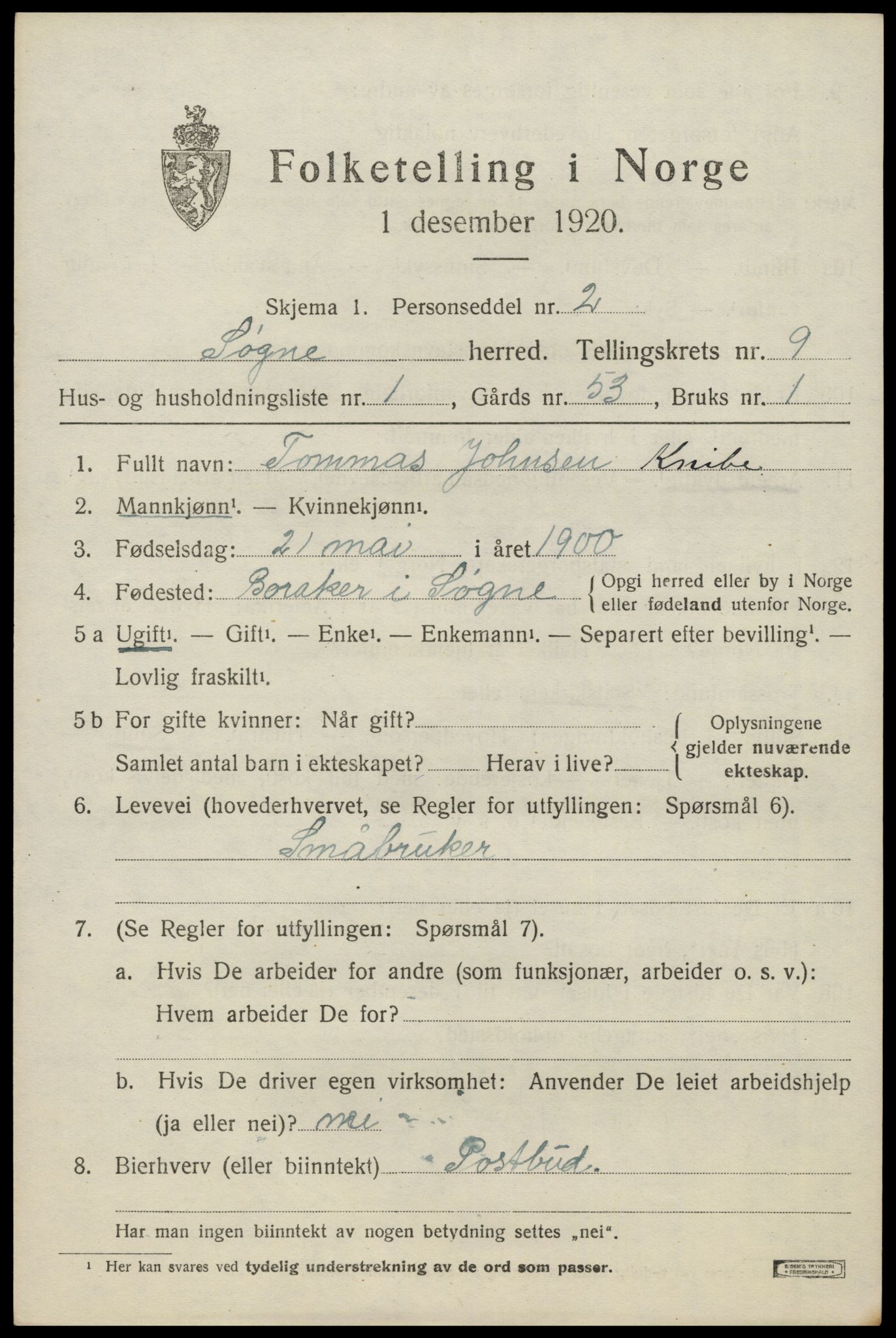 SAK, Folketelling 1920 for 1018 Søgne herred, 1920, s. 5293