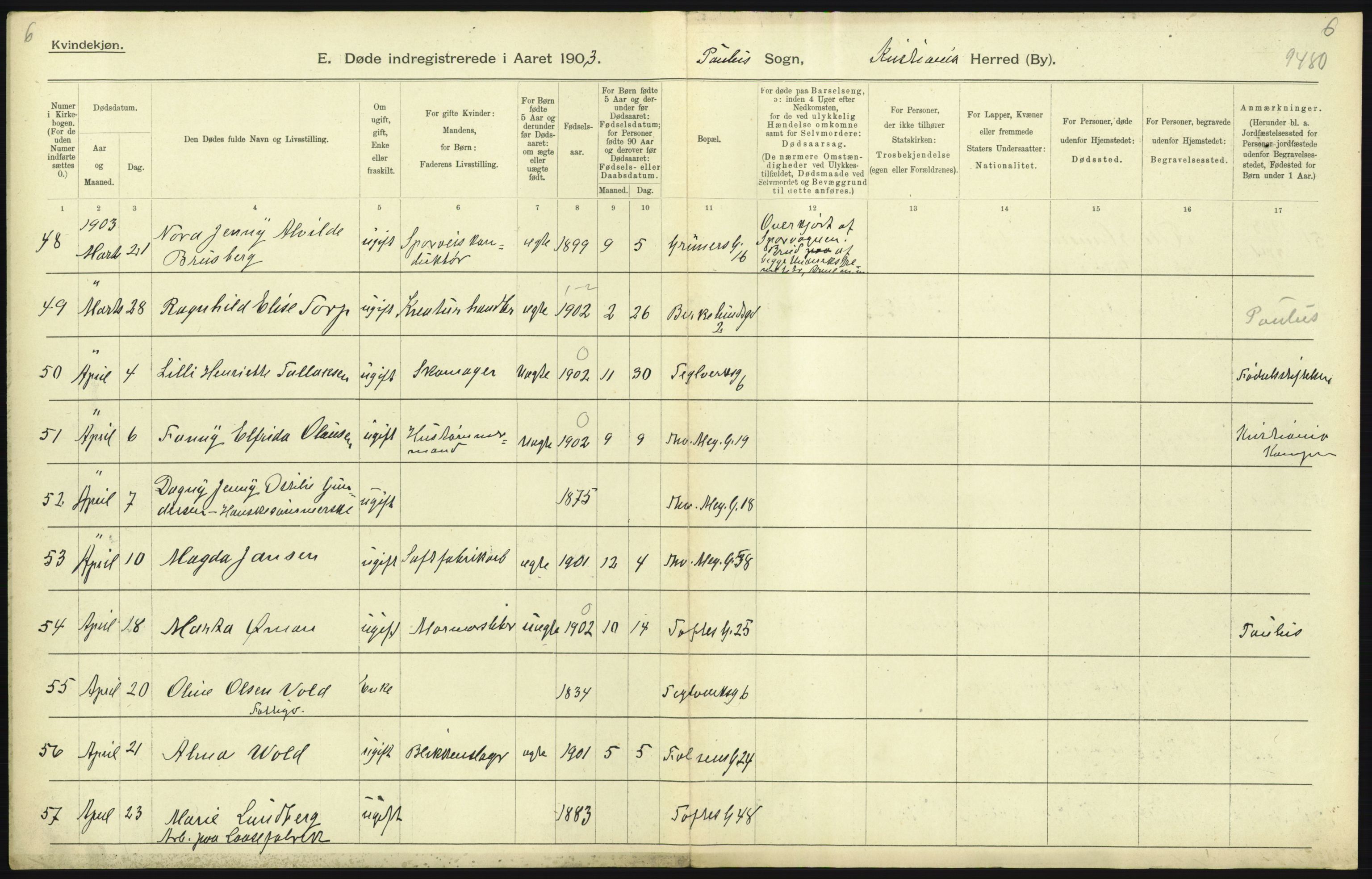 Statistisk sentralbyrå, Sosiodemografiske emner, Befolkning, AV/RA-S-2228/D/Df/Dfa/Dfaa/L0004: Kristiania: Gifte, døde, 1903, s. 309