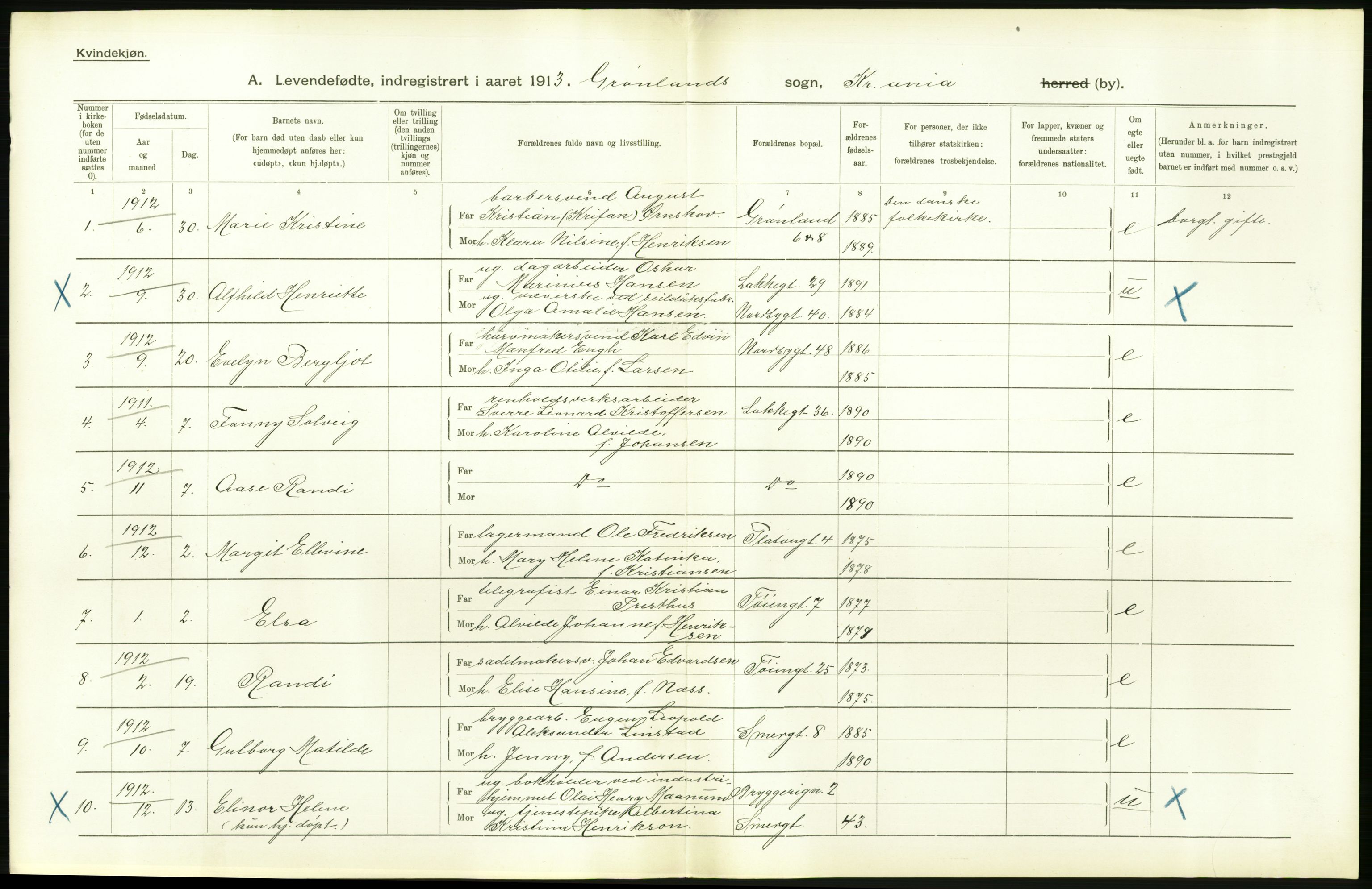 Statistisk sentralbyrå, Sosiodemografiske emner, Befolkning, RA/S-2228/D/Df/Dfb/Dfbc/L0007: Kristiania: Levendefødte menn og kvinner., 1913, s. 692