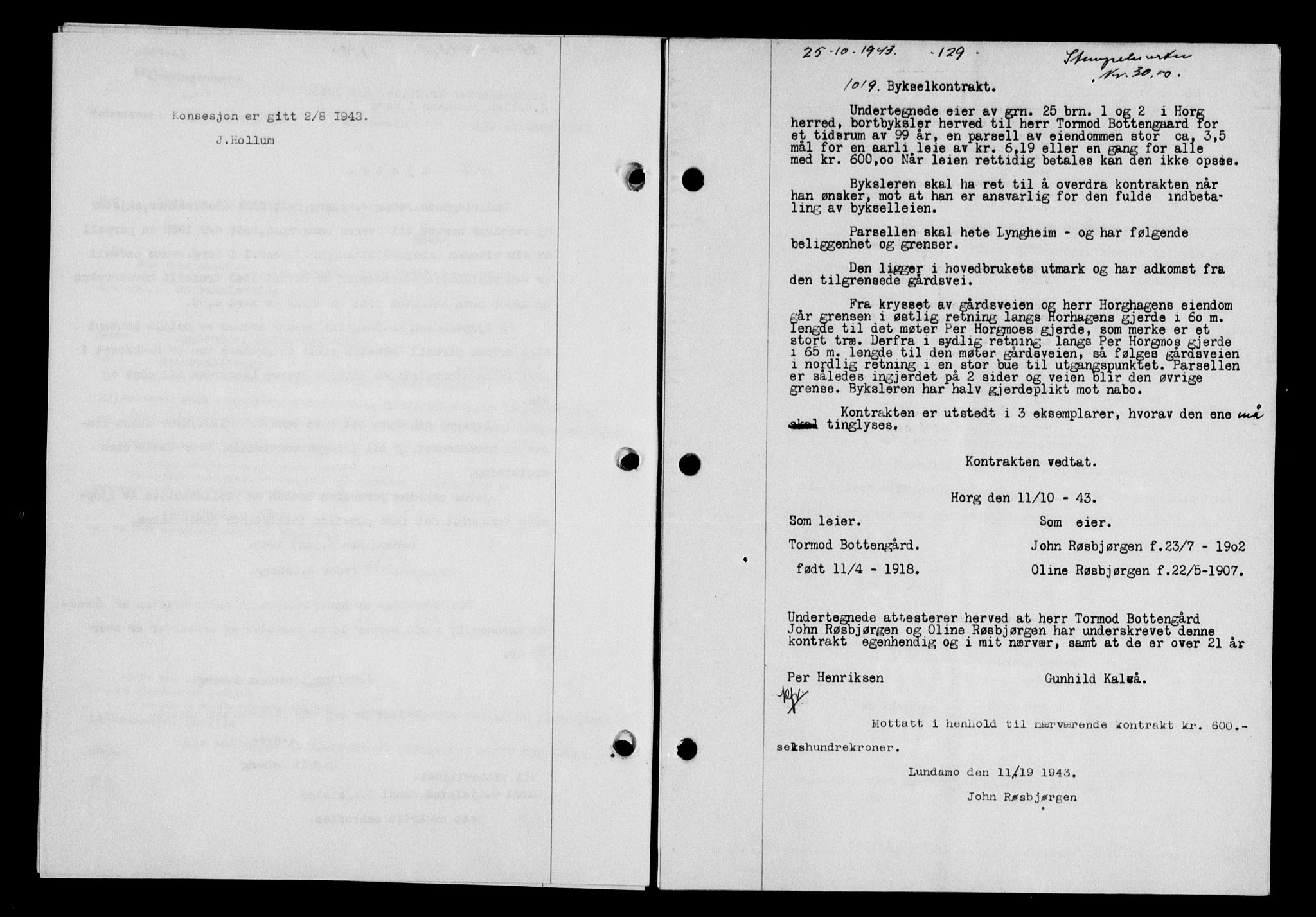Gauldal sorenskriveri, SAT/A-0014/1/2/2C/L0057: Pantebok nr. 62, 1943-1944, Dagboknr: 1019/1943