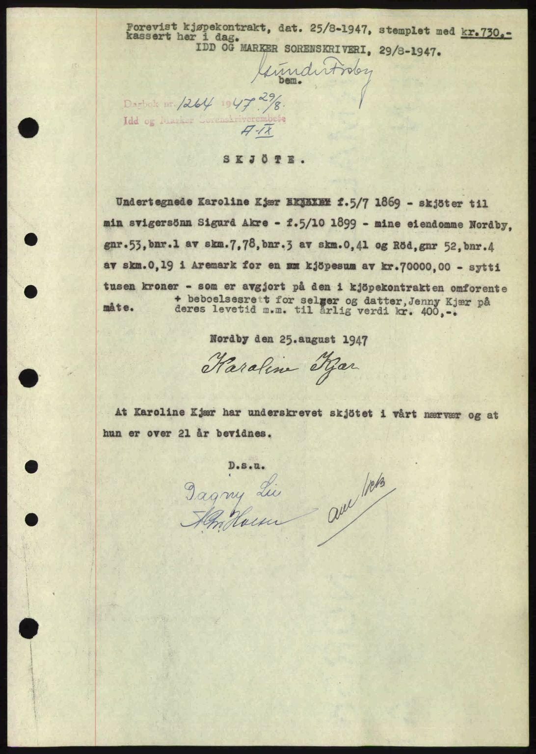 Idd og Marker sorenskriveri, SAO/A-10283/G/Gb/Gbb/L0009: Pantebok nr. A9, 1946-1947, Dagboknr: 1264/1947
