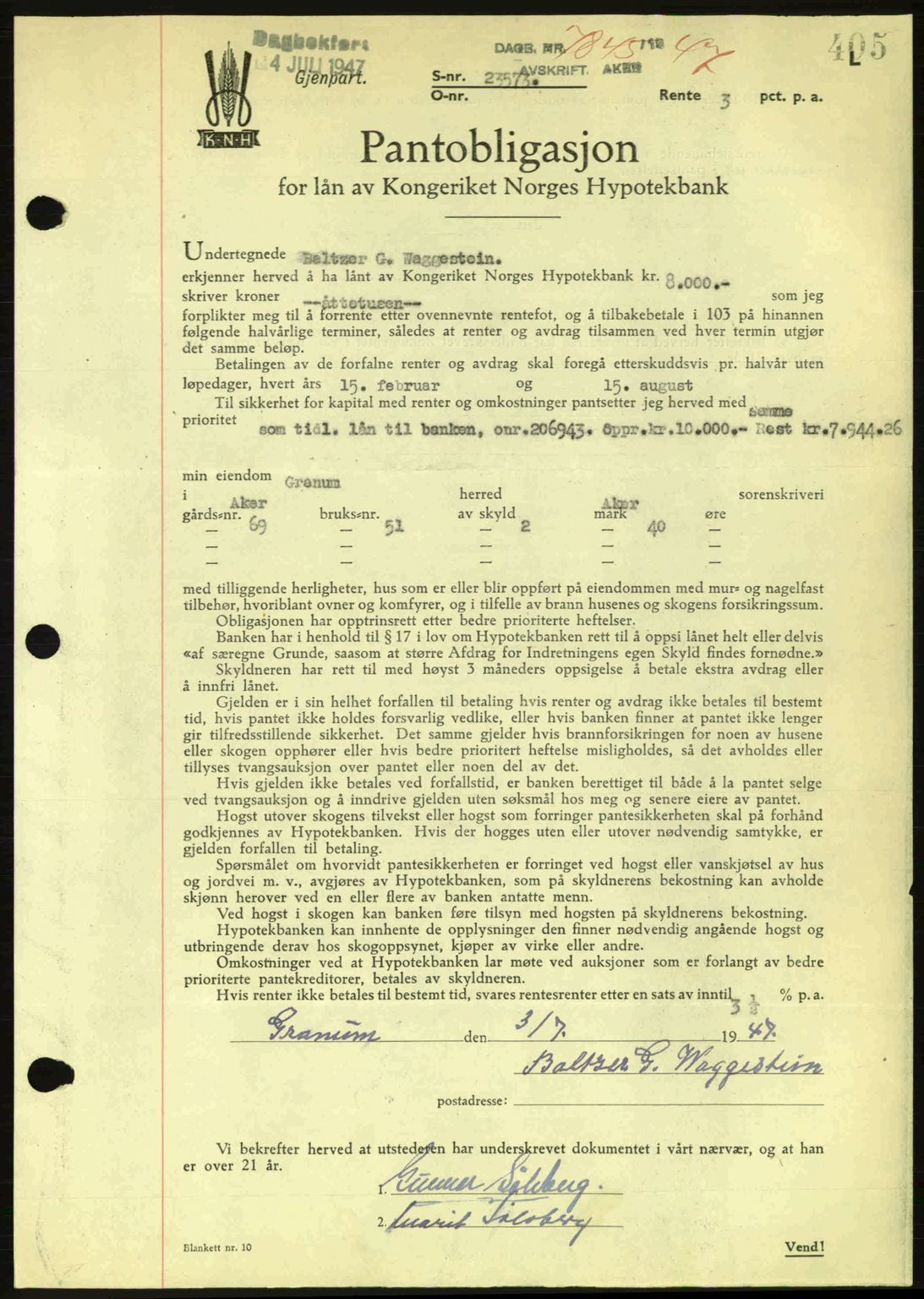 Aker herredsskriveri, SAO/A-10896/G/Gb/Gba/Gbac/L0044: Pantebok nr. B216-217, 1947-1947, Dagboknr: 7845/1947