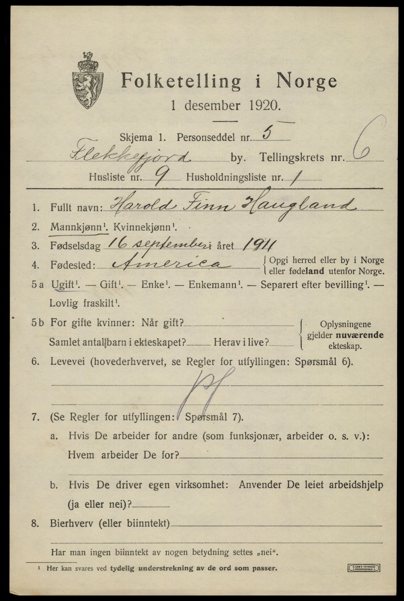 SAK, Folketelling 1920 for 1004 Flekkefjord kjøpstad, 1920, s. 5844