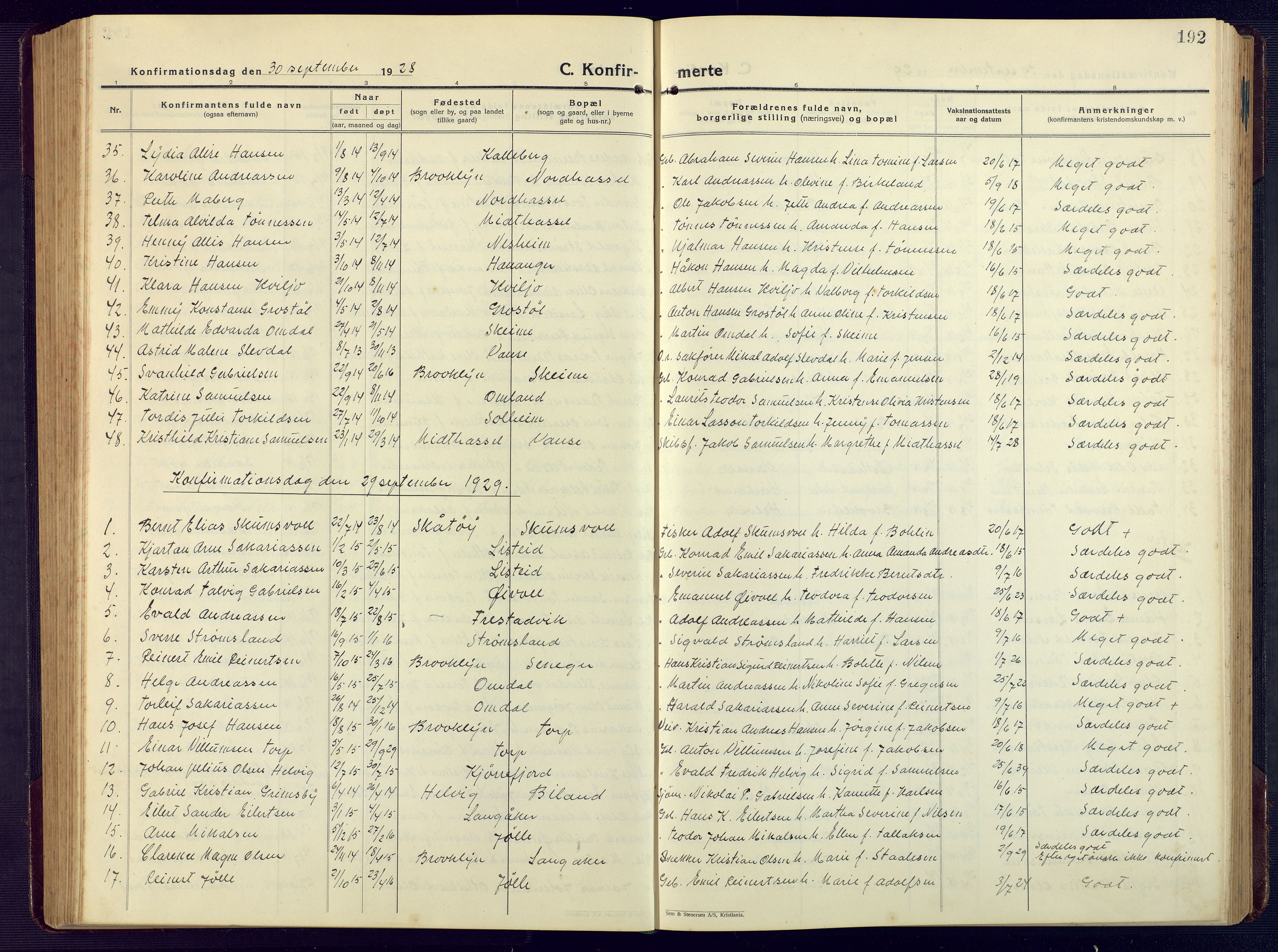 Lista sokneprestkontor, AV/SAK-1111-0027/F/Fb/L0006: Klokkerbok nr. B 6, 1924-1947, s. 192