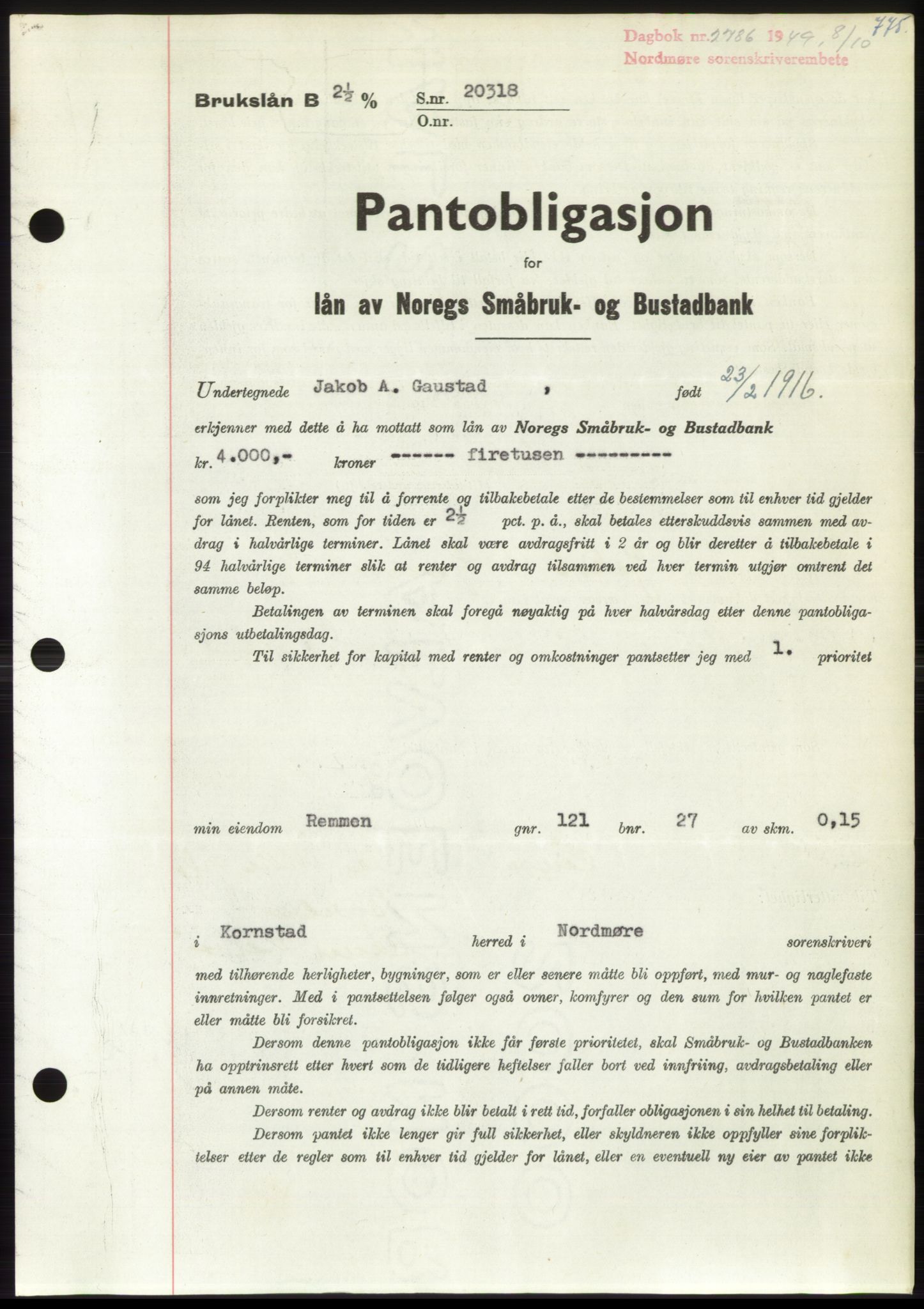 Nordmøre sorenskriveri, AV/SAT-A-4132/1/2/2Ca: Pantebok nr. B102, 1949-1949, Dagboknr: 2786/1949