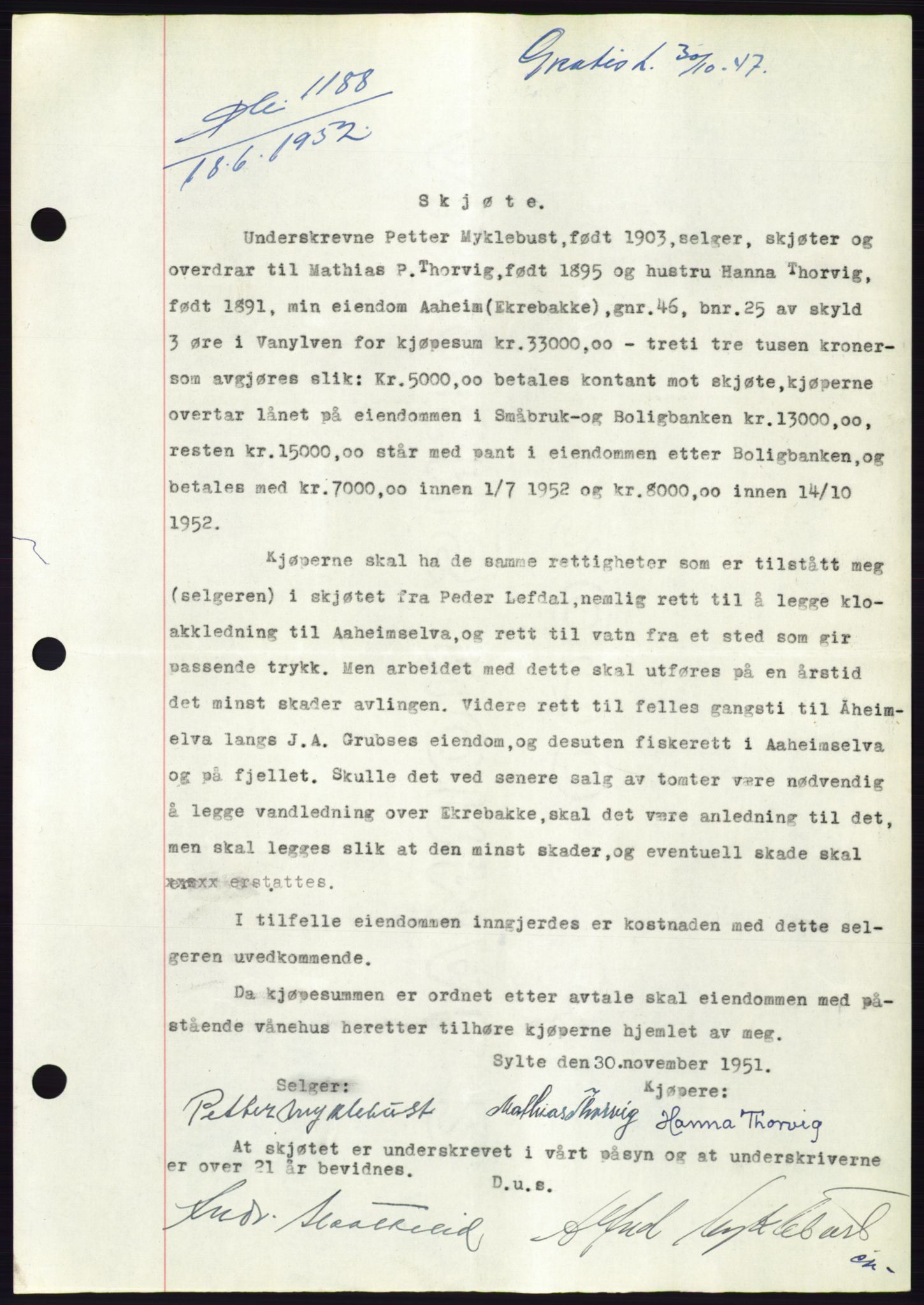 Søre Sunnmøre sorenskriveri, AV/SAT-A-4122/1/2/2C/L0092: Pantebok nr. 18A, 1952-1952, Dagboknr: 1188/1952