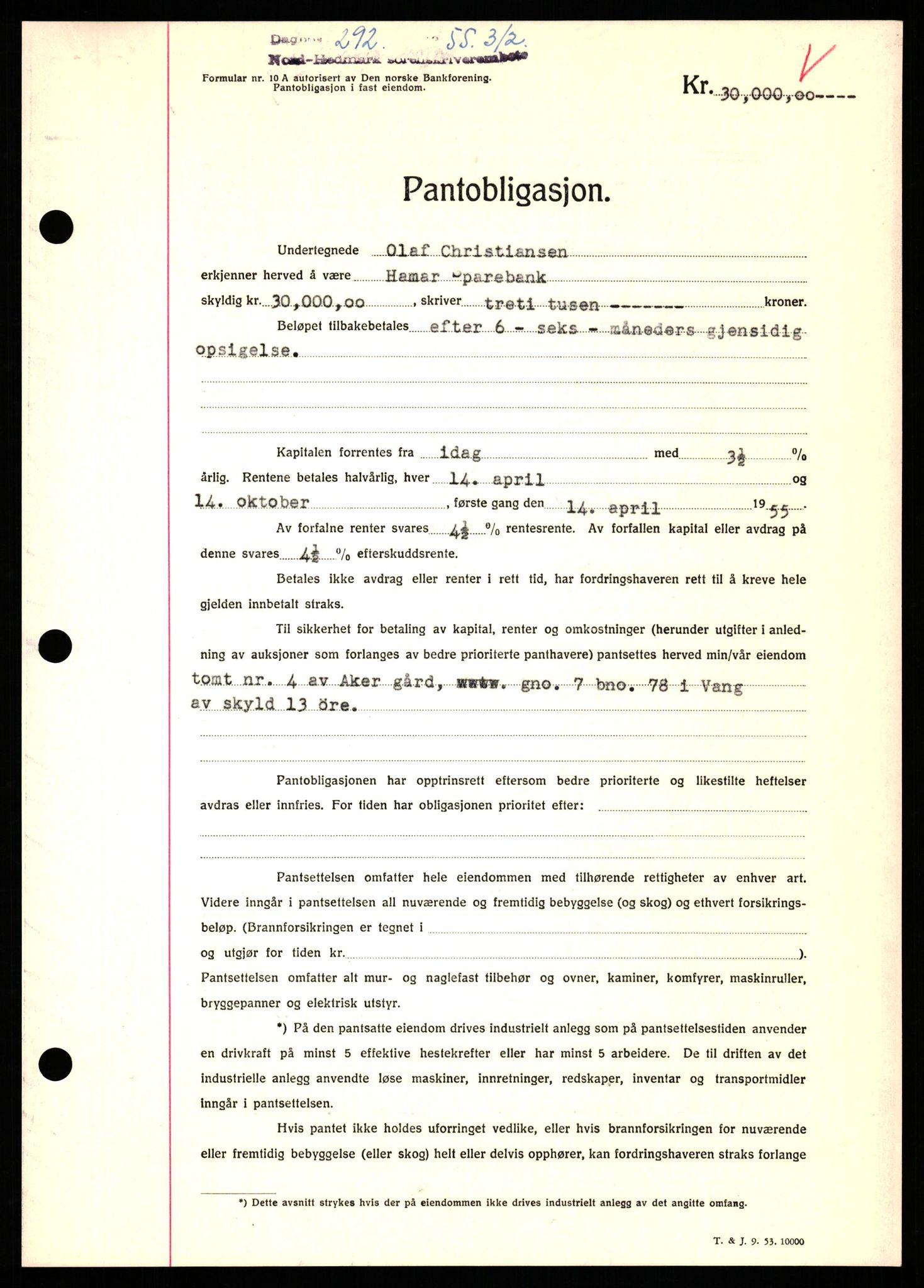 Nord-Hedmark sorenskriveri, SAH/TING-012/H/Hb/Hbf/L0032: Pantebok nr. B32, 1955-1955, Dagboknr: 292/1952