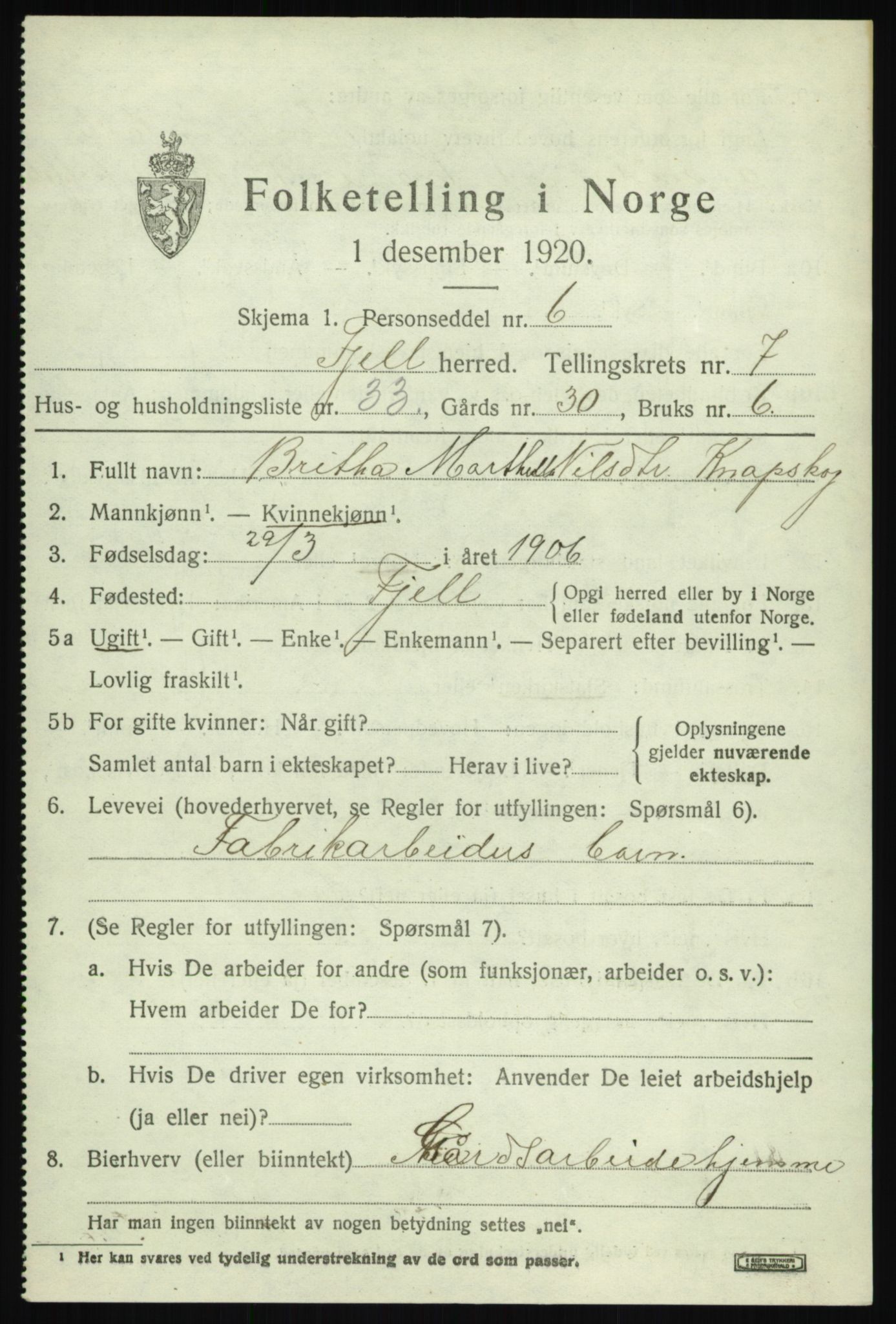SAB, Folketelling 1920 for 1246 Fjell herred, 1920, s. 6846