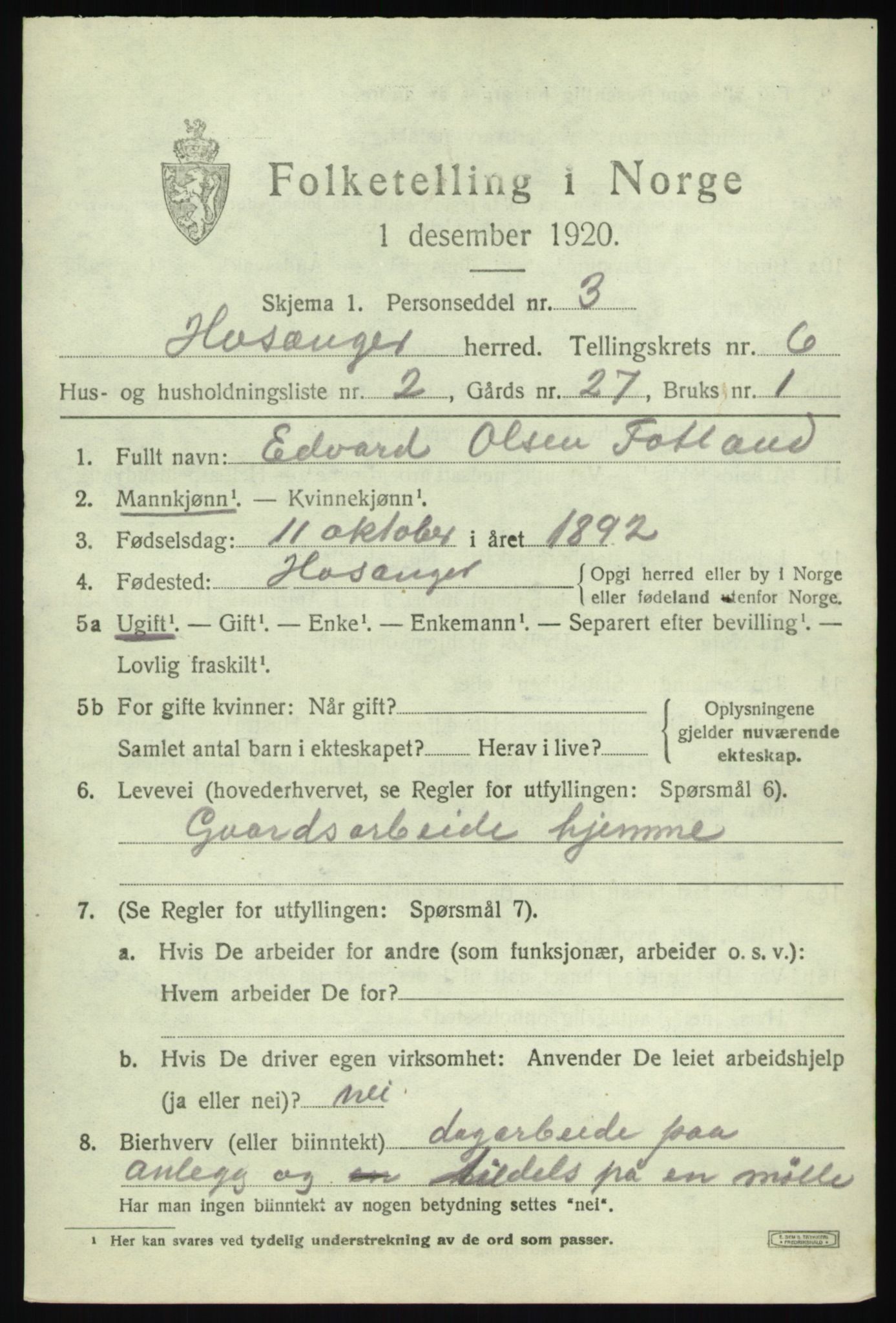 SAB, Folketelling 1920 for 1253 Hosanger herred, 1920, s. 2587