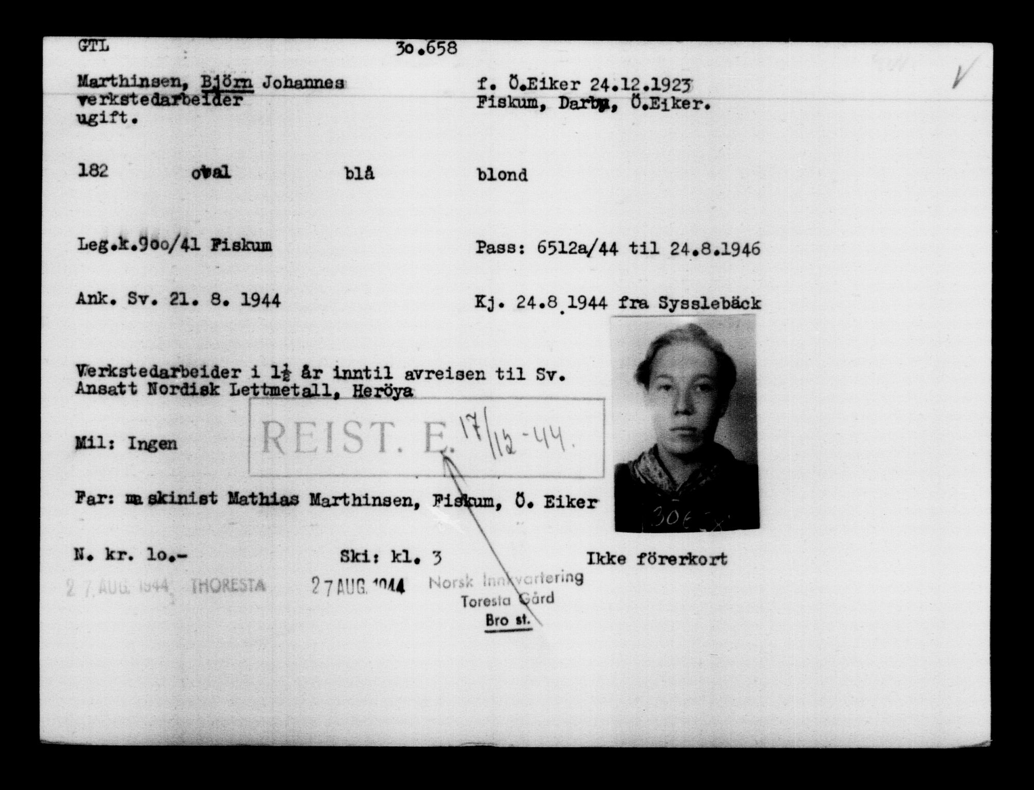 Utenriksstasjonene, Legasjonen i Stockholm, Flyktningkontoret, AV/RA-S-6753/V/Va/L0012: Kjesäterkartoteket, flyktninger med registreringsnr. 28300-31566, 1940-1945, s. 2568