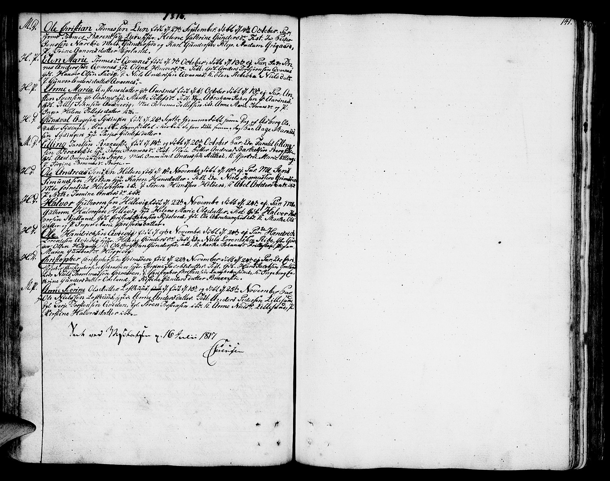 Vestre Moland sokneprestkontor, SAK/1111-0046/F/Fa/Fab/L0002: Ministerialbok nr. A 2, 1760-1816, s. 141