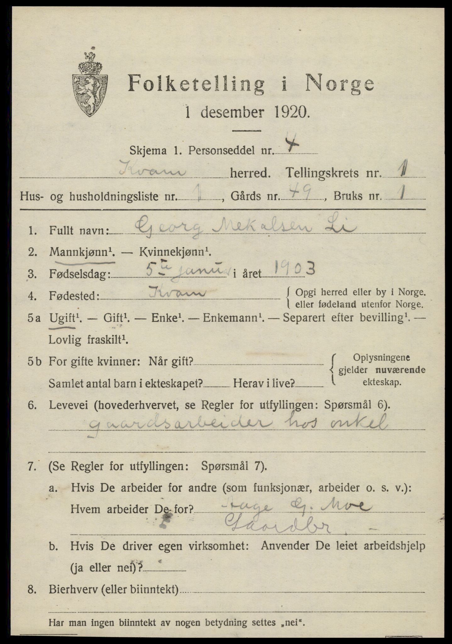 SAT, Folketelling 1920 for 1735 Kvam herred, 1920, s. 497