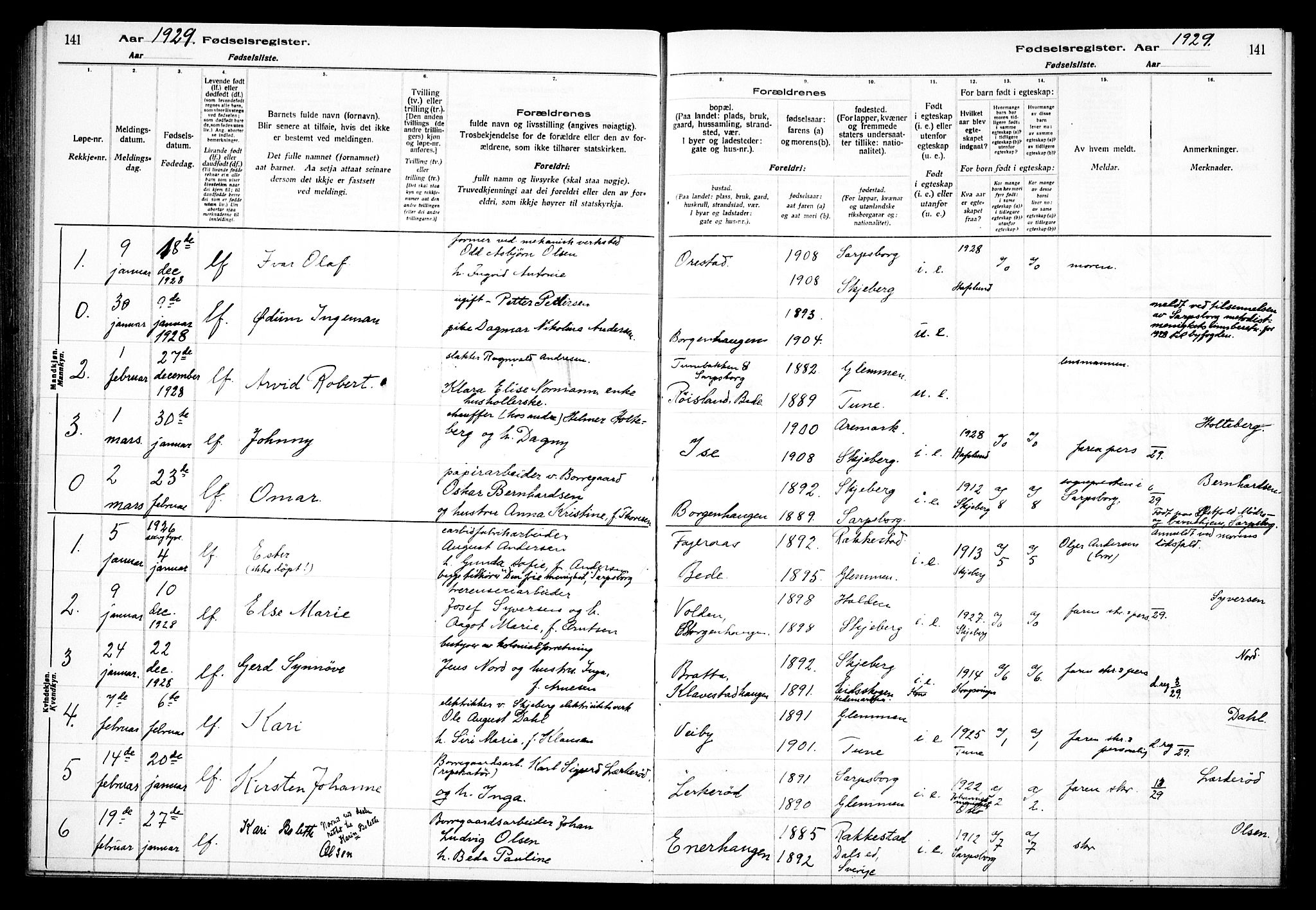 Skjeberg prestekontor Kirkebøker, SAO/A-10923/J/Jd/L0001: Fødselsregister nr. IV 1, 1916-1935, s. 141