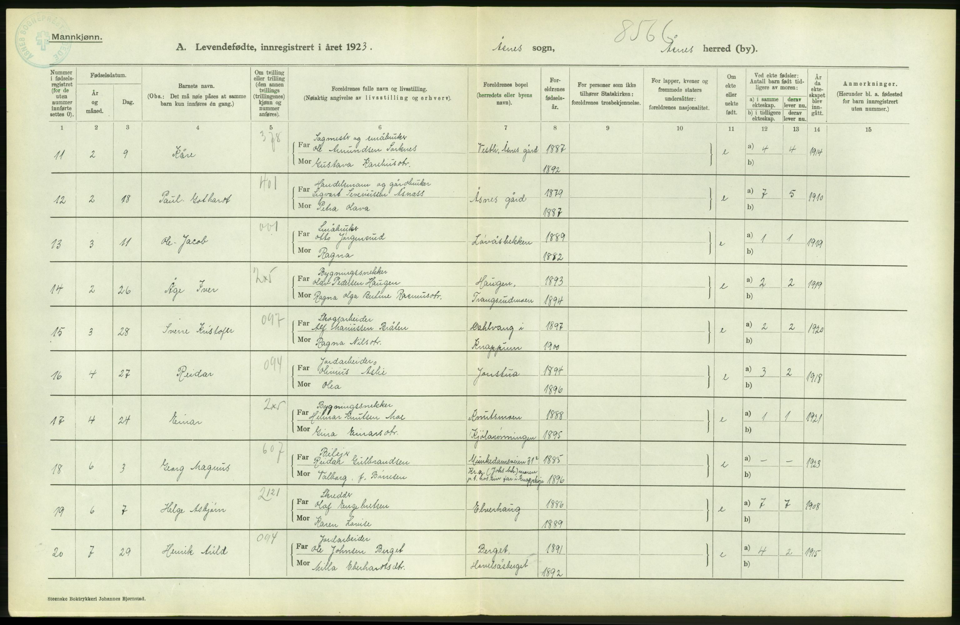 Statistisk sentralbyrå, Sosiodemografiske emner, Befolkning, RA/S-2228/D/Df/Dfc/Dfcc/L0011: Hedmark fylke: Levendefødte menn og kvinner. Bygder og byer., 1923, s. 44