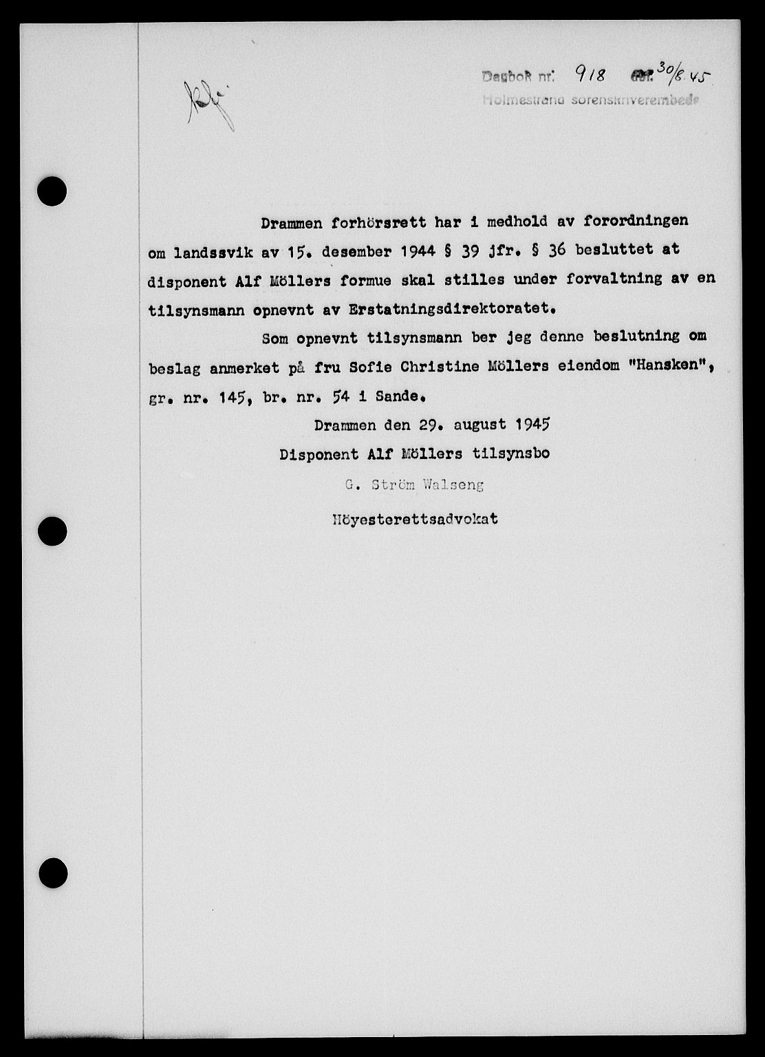 Holmestrand sorenskriveri, SAKO/A-67/G/Ga/Gab/L0055: Pantebok nr. B-55, 1945-1946, Dagboknr: 918/1945