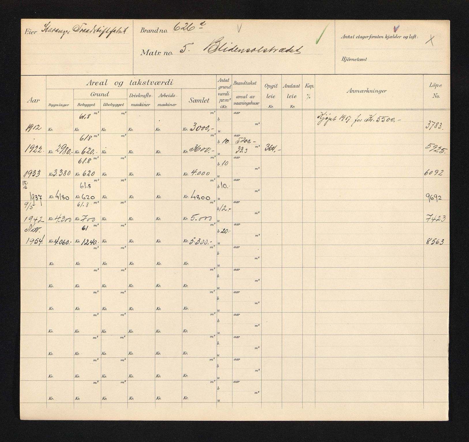 Stavanger kommune. Skattetakstvesenet, BYST/A-0440/F/Fa/Faa/L0005/0005: Skattetakstkort / Blidensolstredet 1 - Blokkmakergata 12