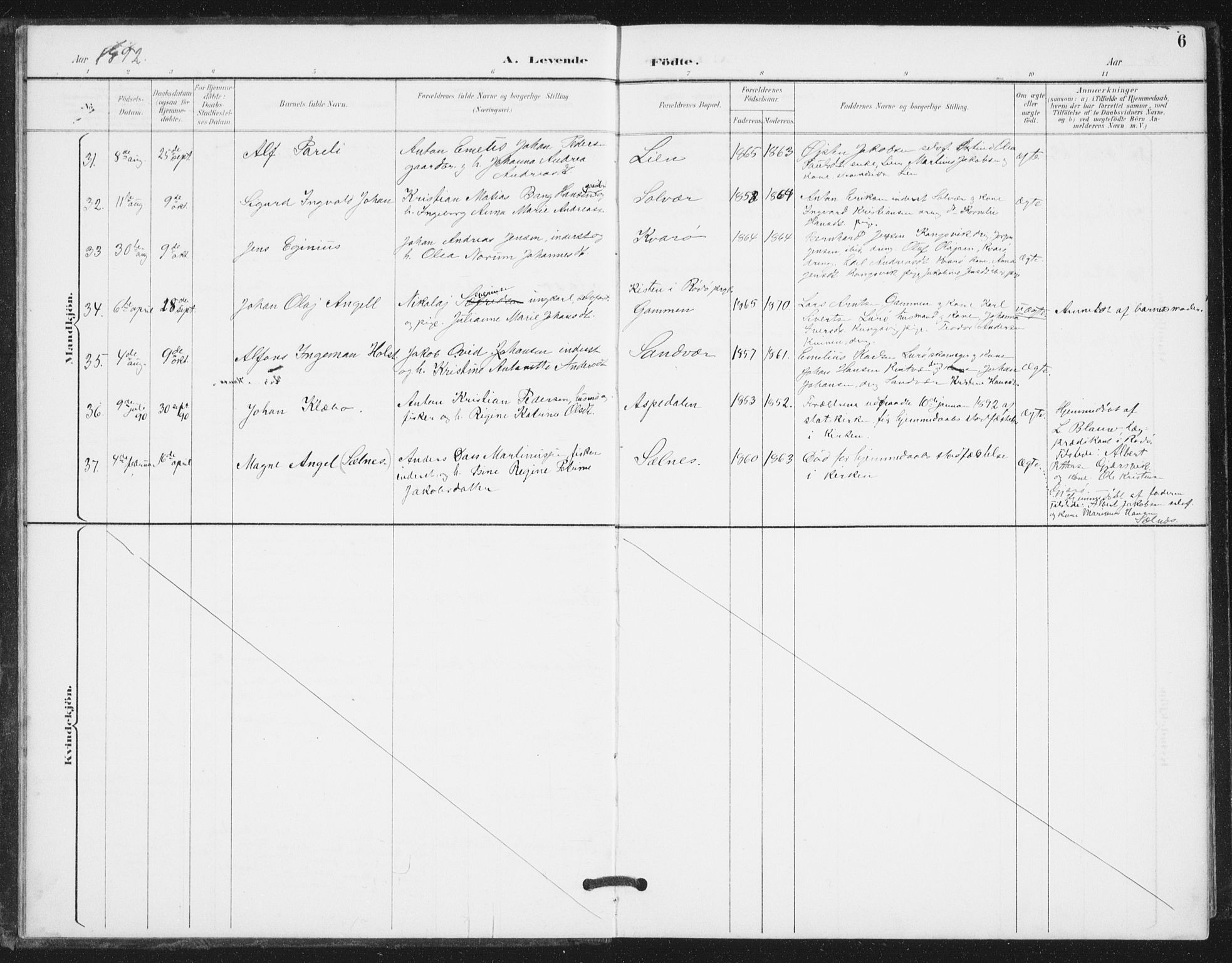 Ministerialprotokoller, klokkerbøker og fødselsregistre - Nordland, AV/SAT-A-1459/839/L0573: Klokkerbok nr. 839C03, 1892-1917, s. 6