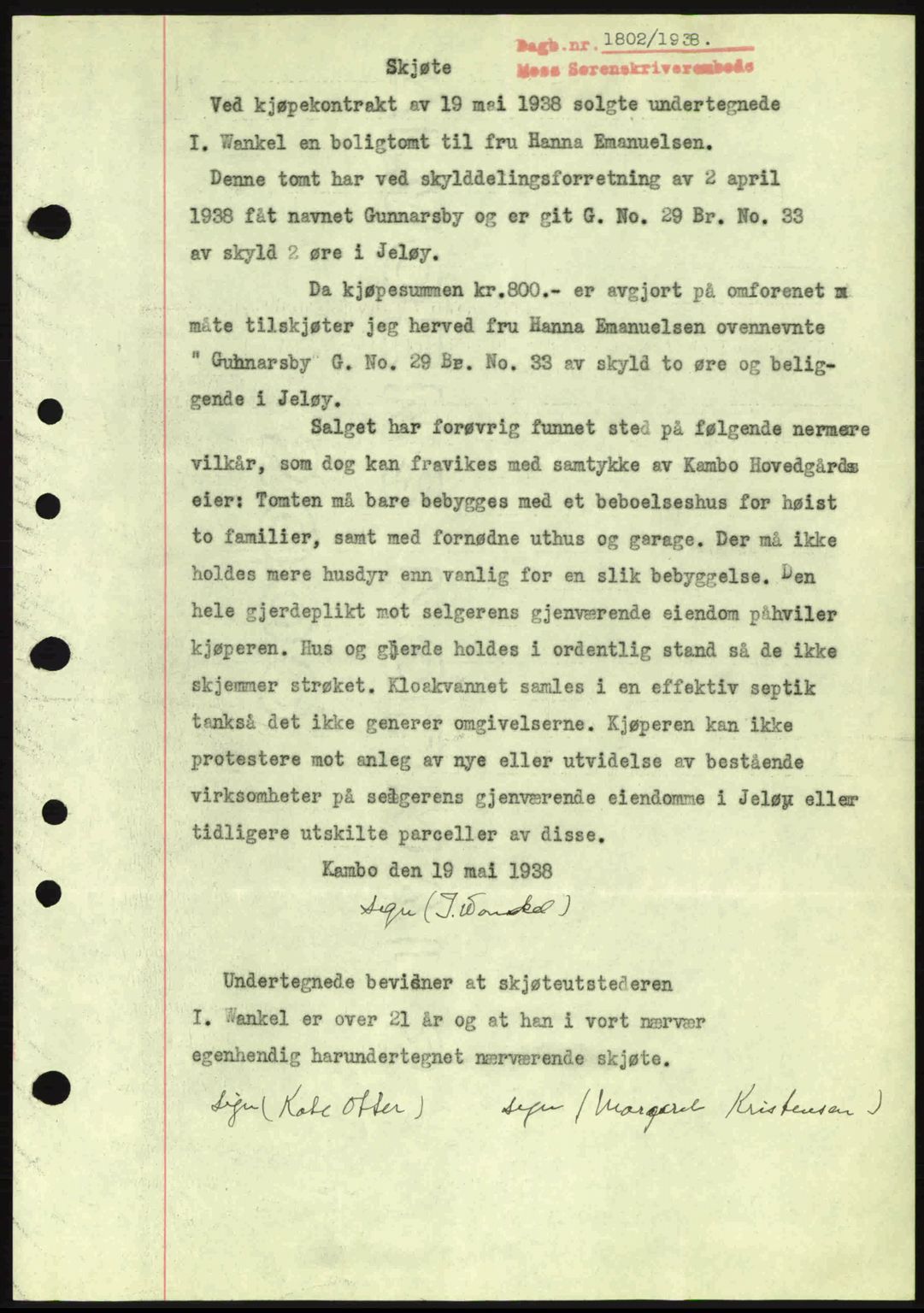 Moss sorenskriveri, SAO/A-10168: Pantebok nr. A4, 1938-1938, Dagboknr: 1802/1938