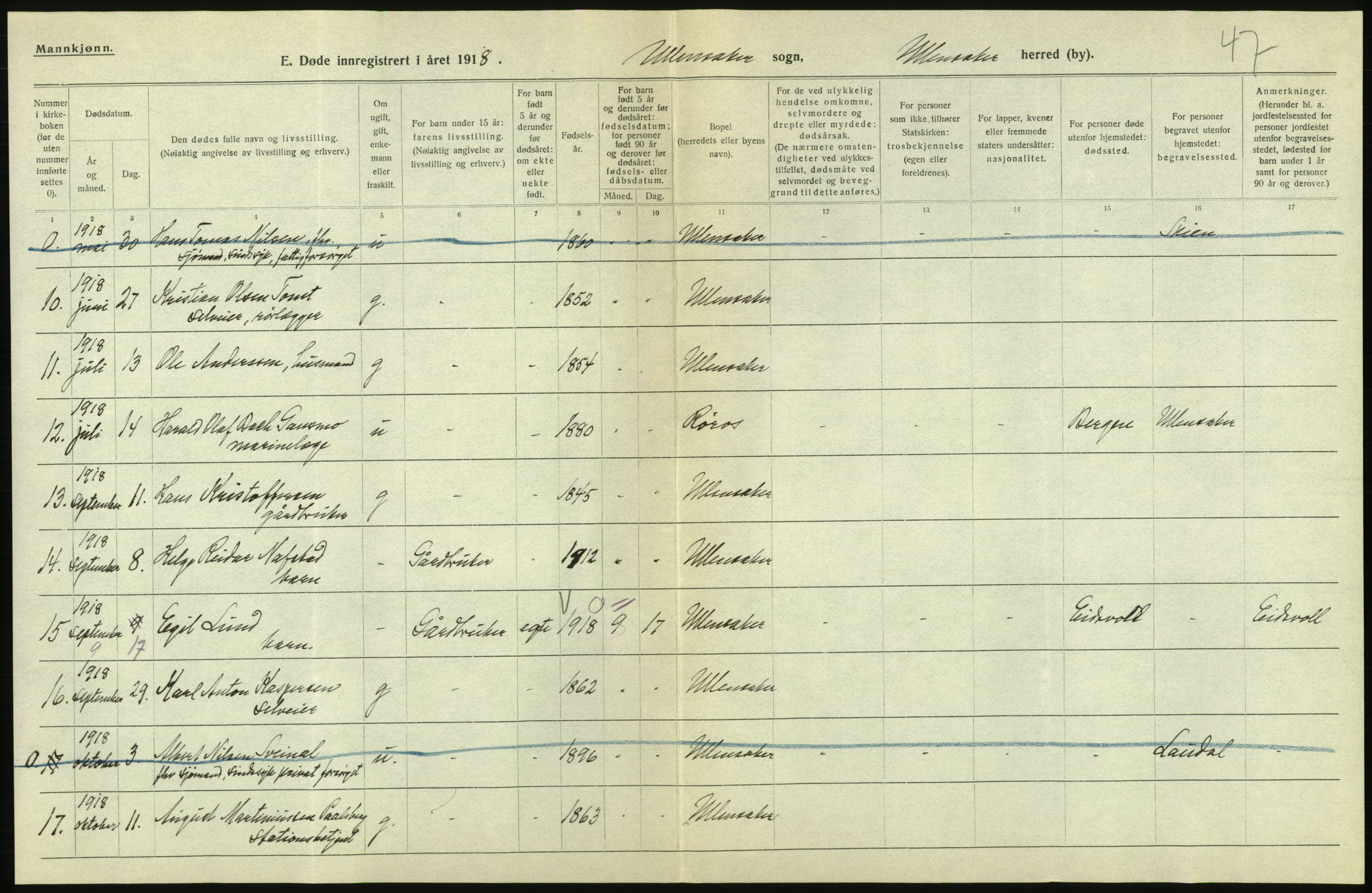 Statistisk sentralbyrå, Sosiodemografiske emner, Befolkning, RA/S-2228/D/Df/Dfb/Dfbh/L0006: Akershus fylke: Døde. Bygder og byer., 1918, s. 304