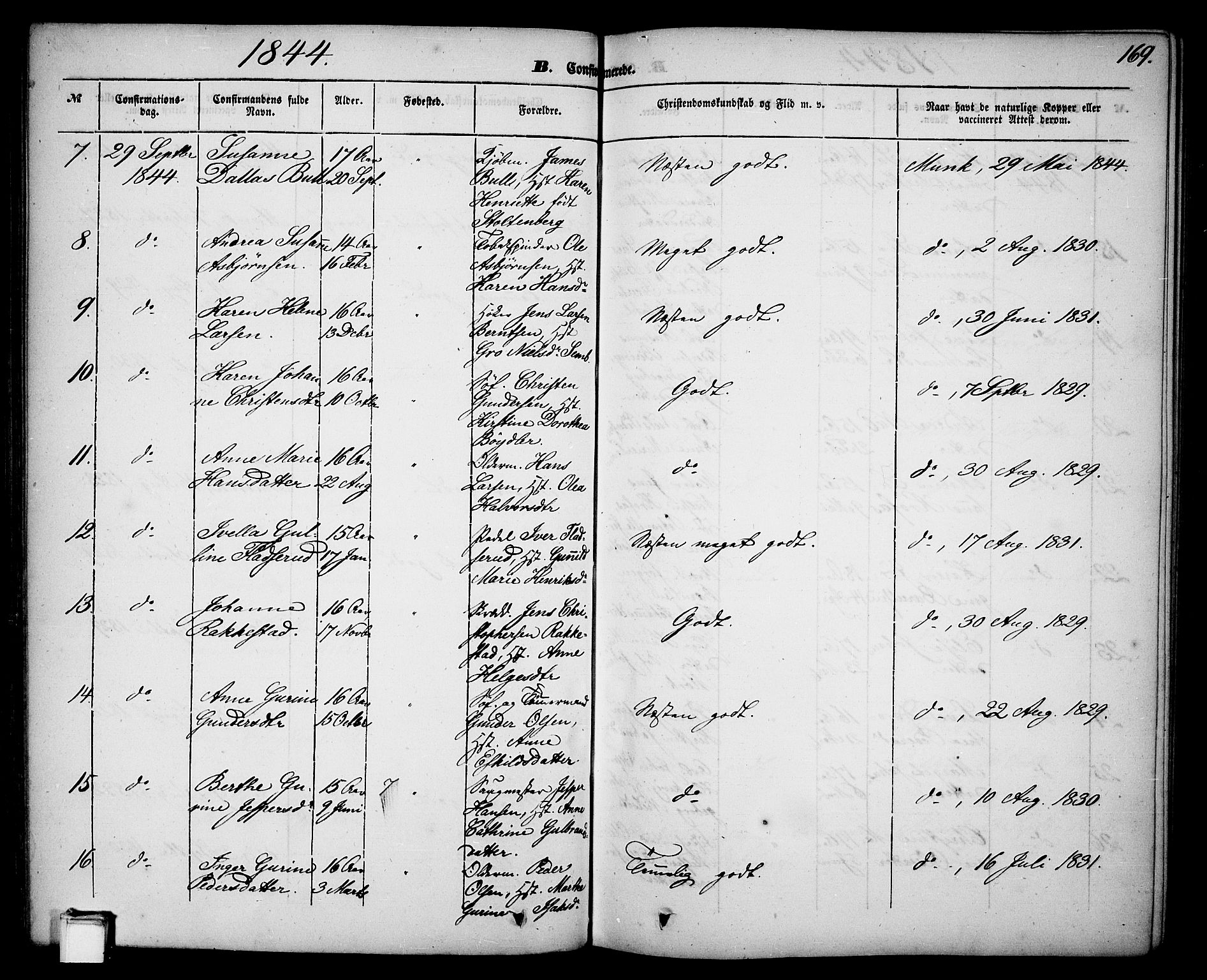 Skien kirkebøker, SAKO/A-302/G/Ga/L0004: Klokkerbok nr. 4, 1843-1867, s. 169