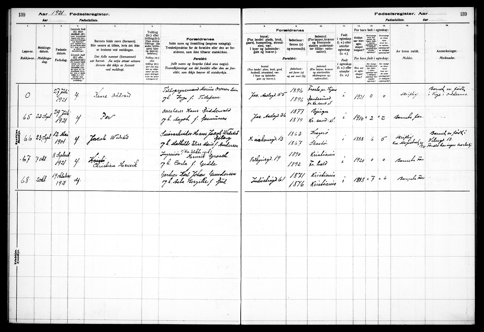 Fagerborg prestekontor Kirkebøker, AV/SAO-A-10844/J/Ja/L0001: Fødselsregister nr. 1, 1916-1925, s. 139