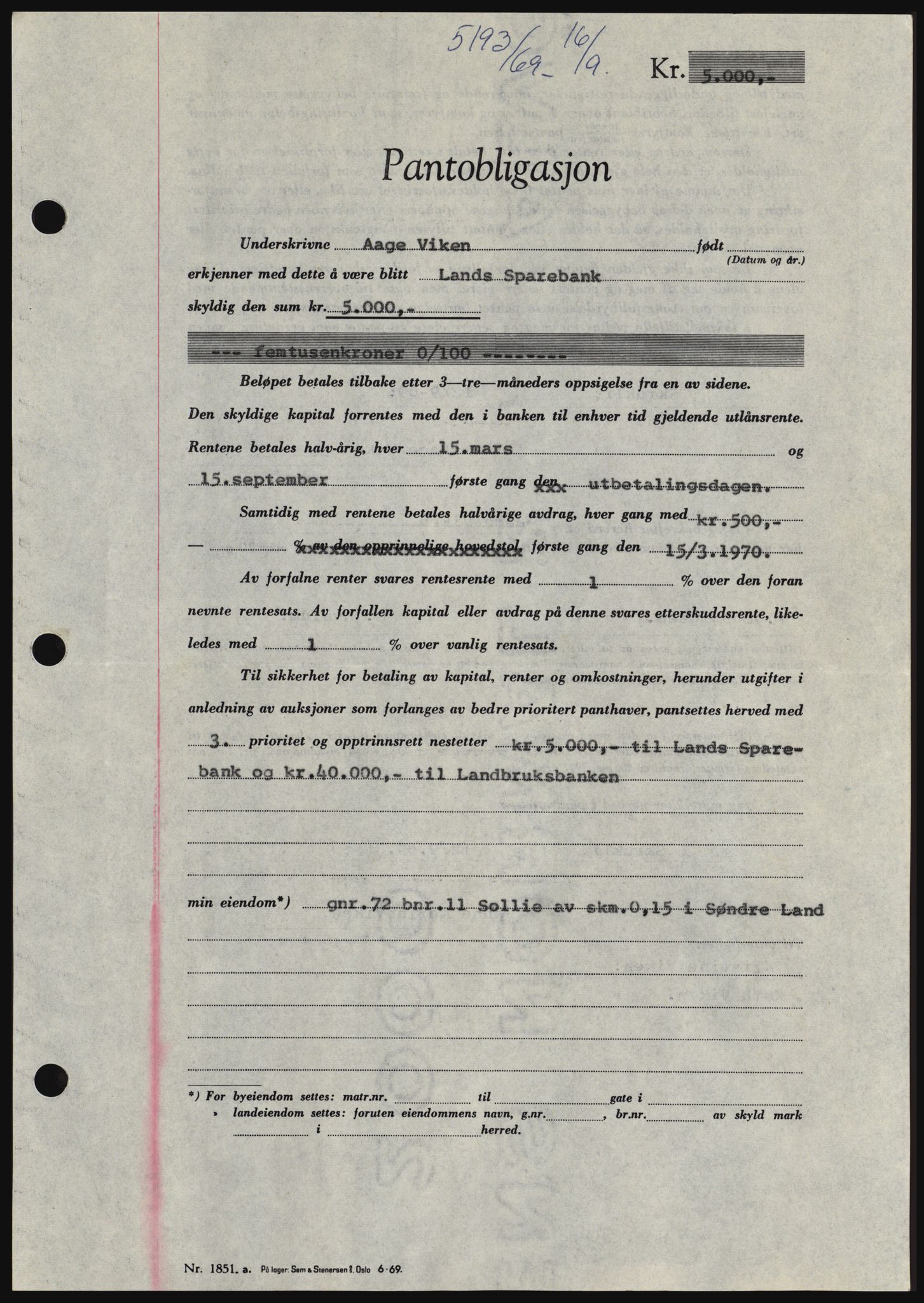 Hadeland og Land tingrett, SAH/TING-010/H/Hb/Hbc/L0074: Pantebok nr. B74, 1969-1969, Dagboknr: 5193/1969