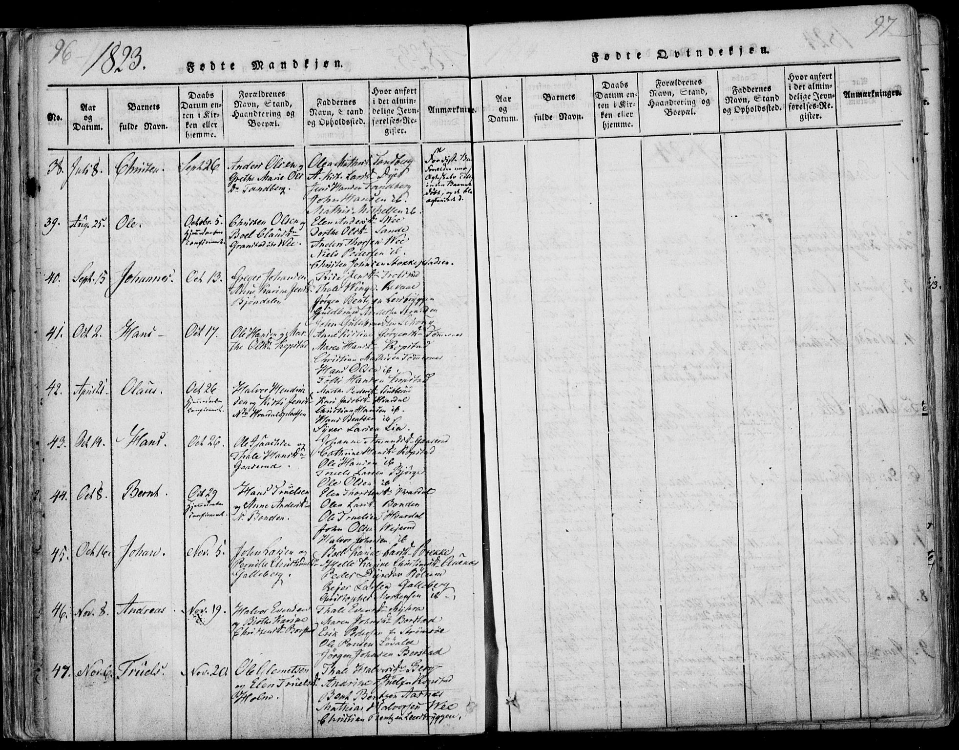 Sande Kirkebøker, AV/SAKO-A-53/F/Fa/L0003: Ministerialbok nr. 3, 1814-1847, s. 96-97