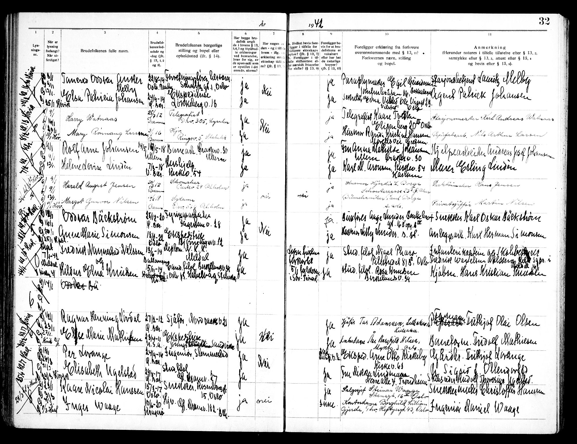 Østre Bærum prestekontor Kirkebøker, AV/SAO-A-10887/H/Ha/L0003: Lysningsprotokoll nr. 3, 1940-1947, s. 32