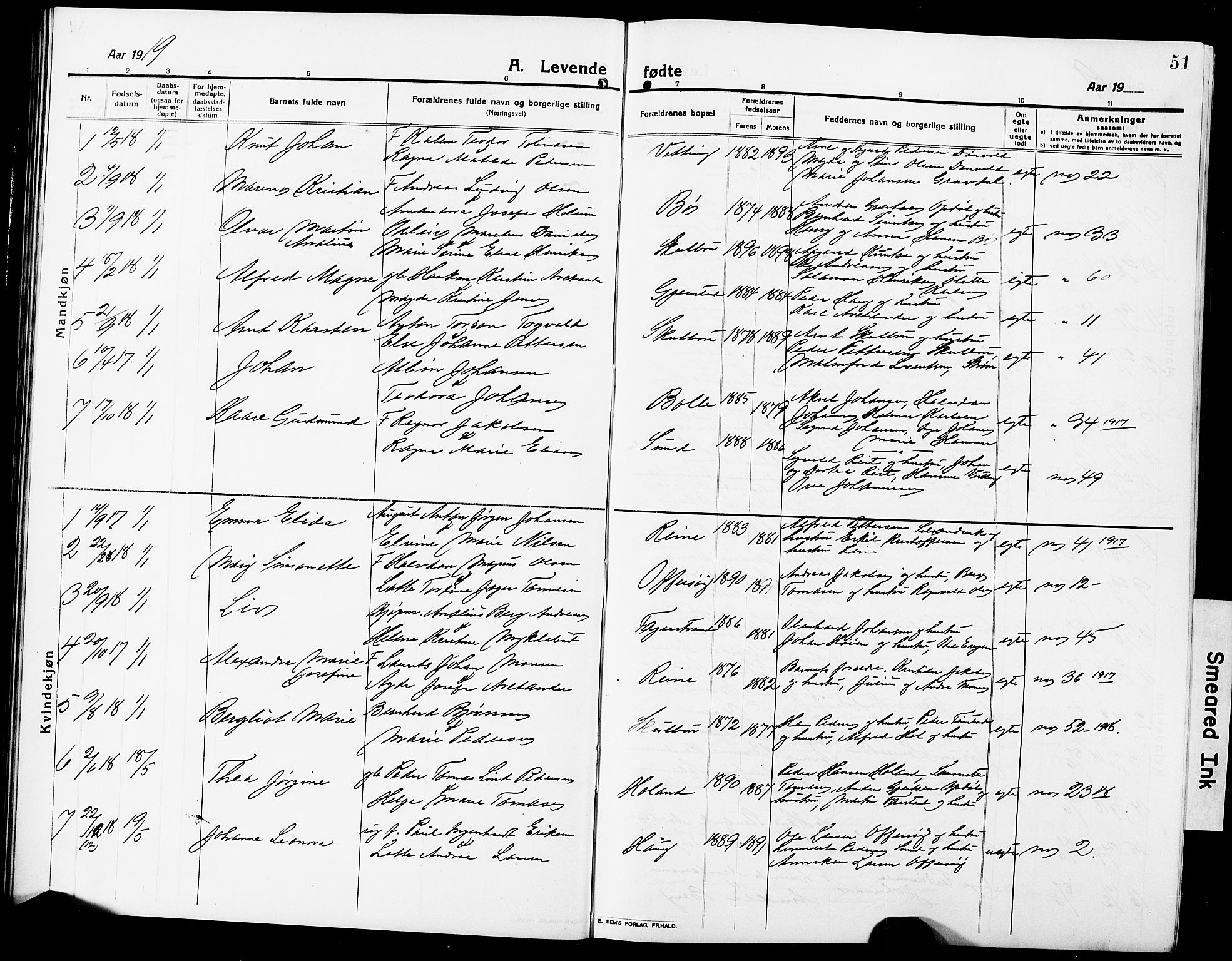 Ministerialprotokoller, klokkerbøker og fødselsregistre - Nordland, AV/SAT-A-1459/881/L1169: Klokkerbok nr. 881C06, 1912-1930, s. 51