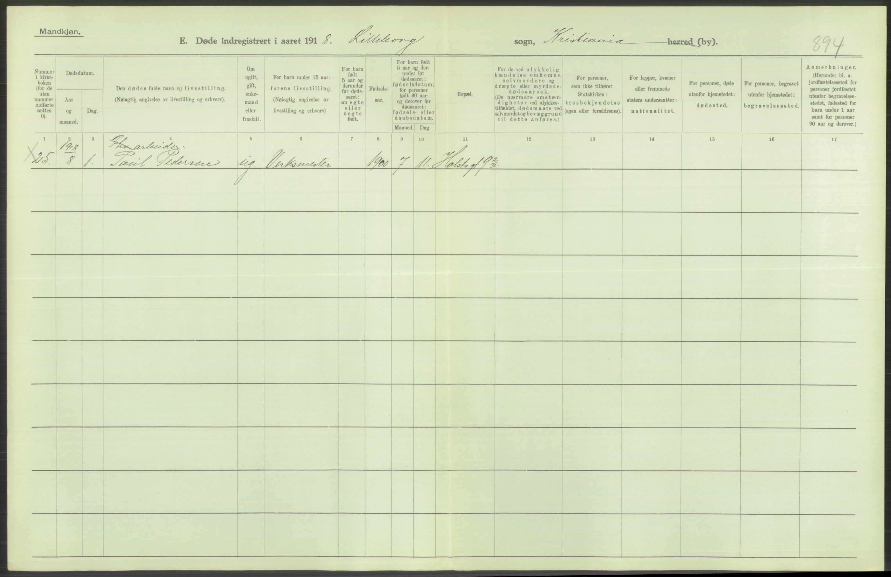 Statistisk sentralbyrå, Sosiodemografiske emner, Befolkning, AV/RA-S-2228/D/Df/Dfb/Dfbh/L0010: Kristiania: Døde, 1918, s. 442