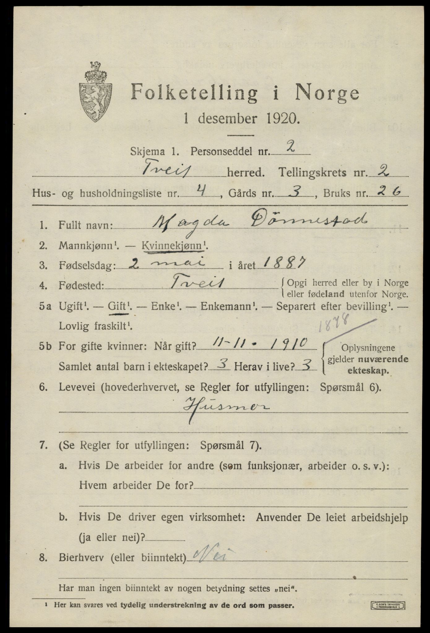 SAK, Folketelling 1920 for 1013 Tveit herred, 1920, s. 1252