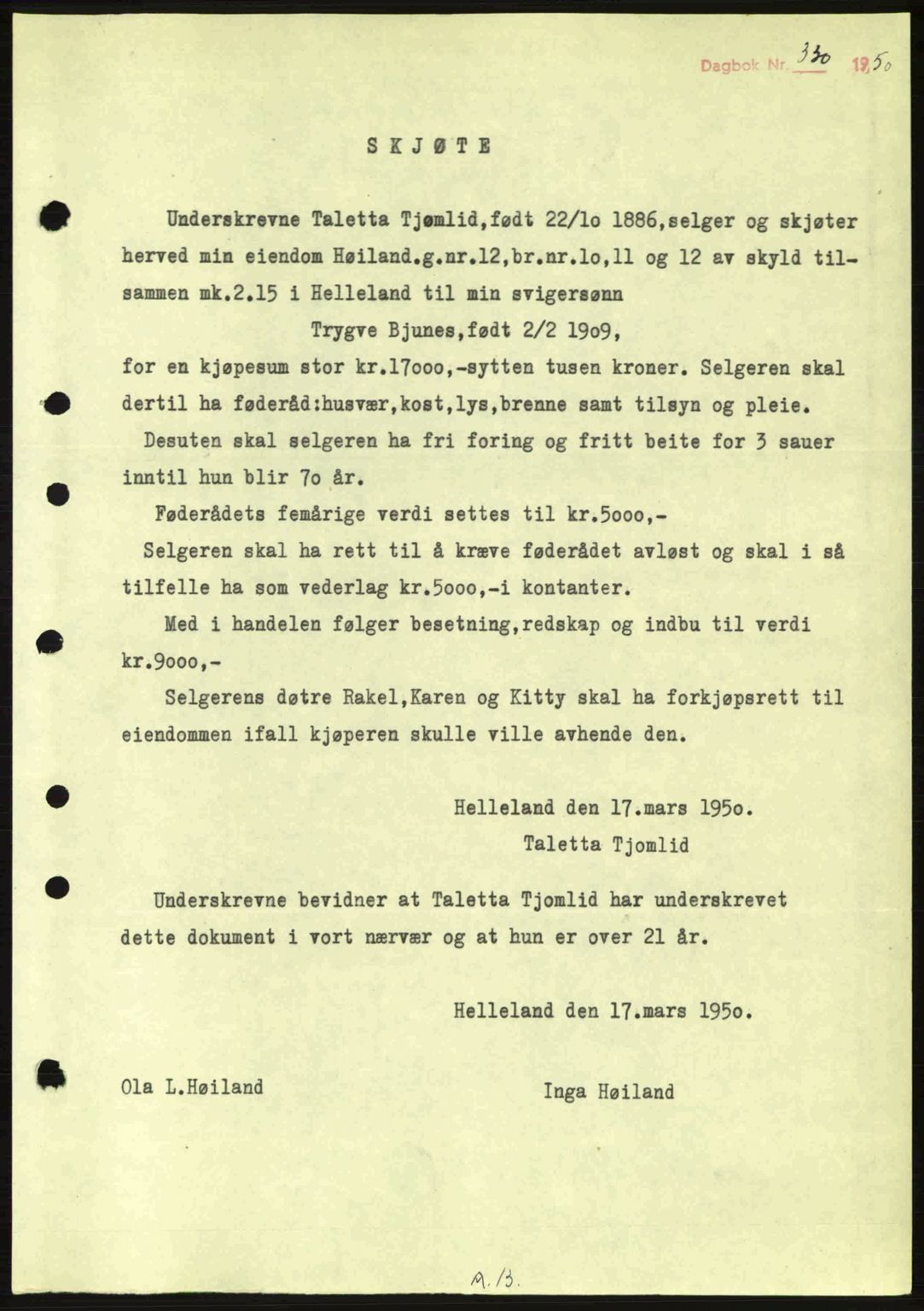 Dalane sorenskriveri, SAST/A-100309/02/G/Gb/L0054: Pantebok nr. A14, 1949-1950, Dagboknr: 330/1950