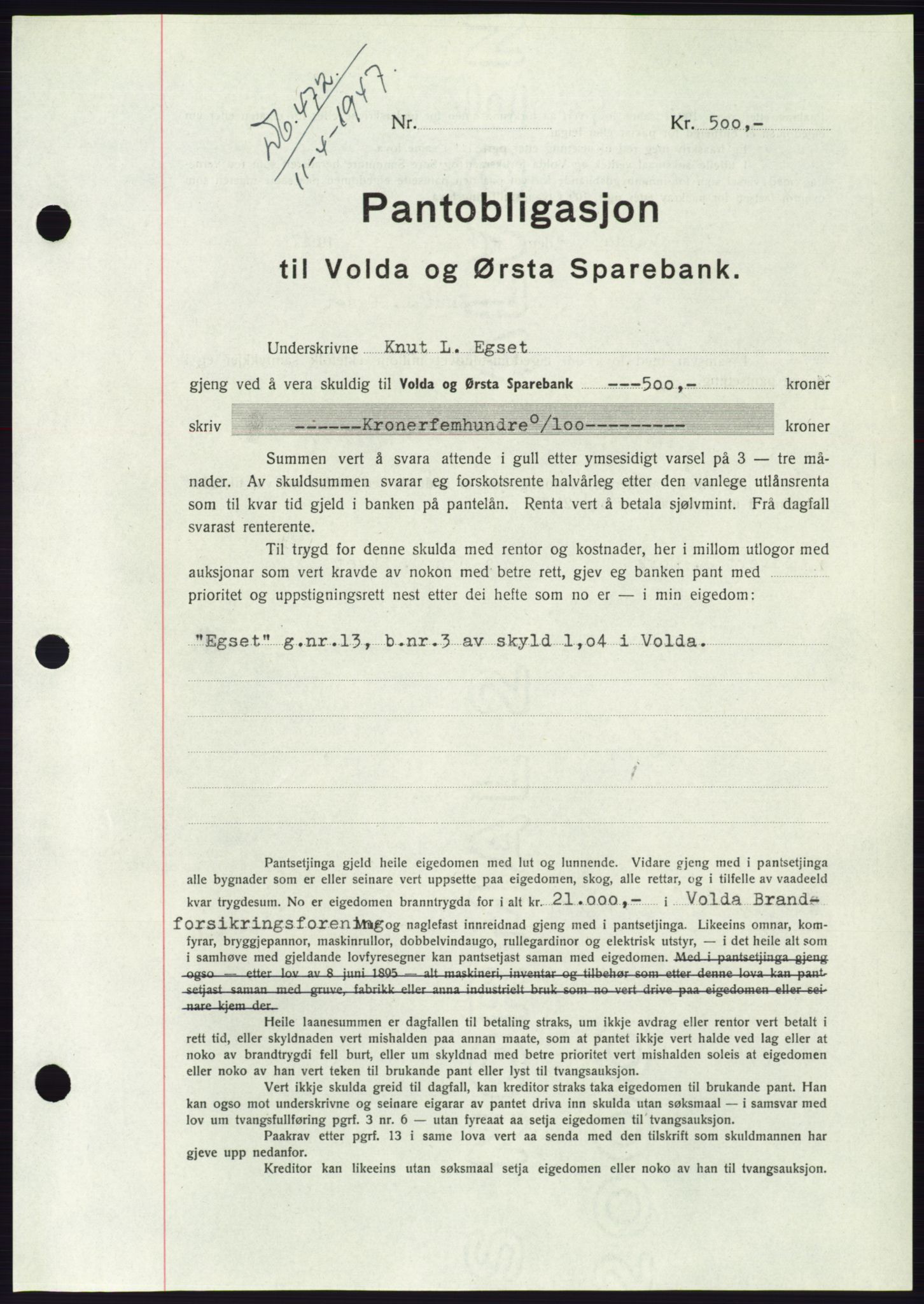 Søre Sunnmøre sorenskriveri, AV/SAT-A-4122/1/2/2C/L0114: Pantebok nr. 1-2B, 1943-1947, Dagboknr: 472/1947