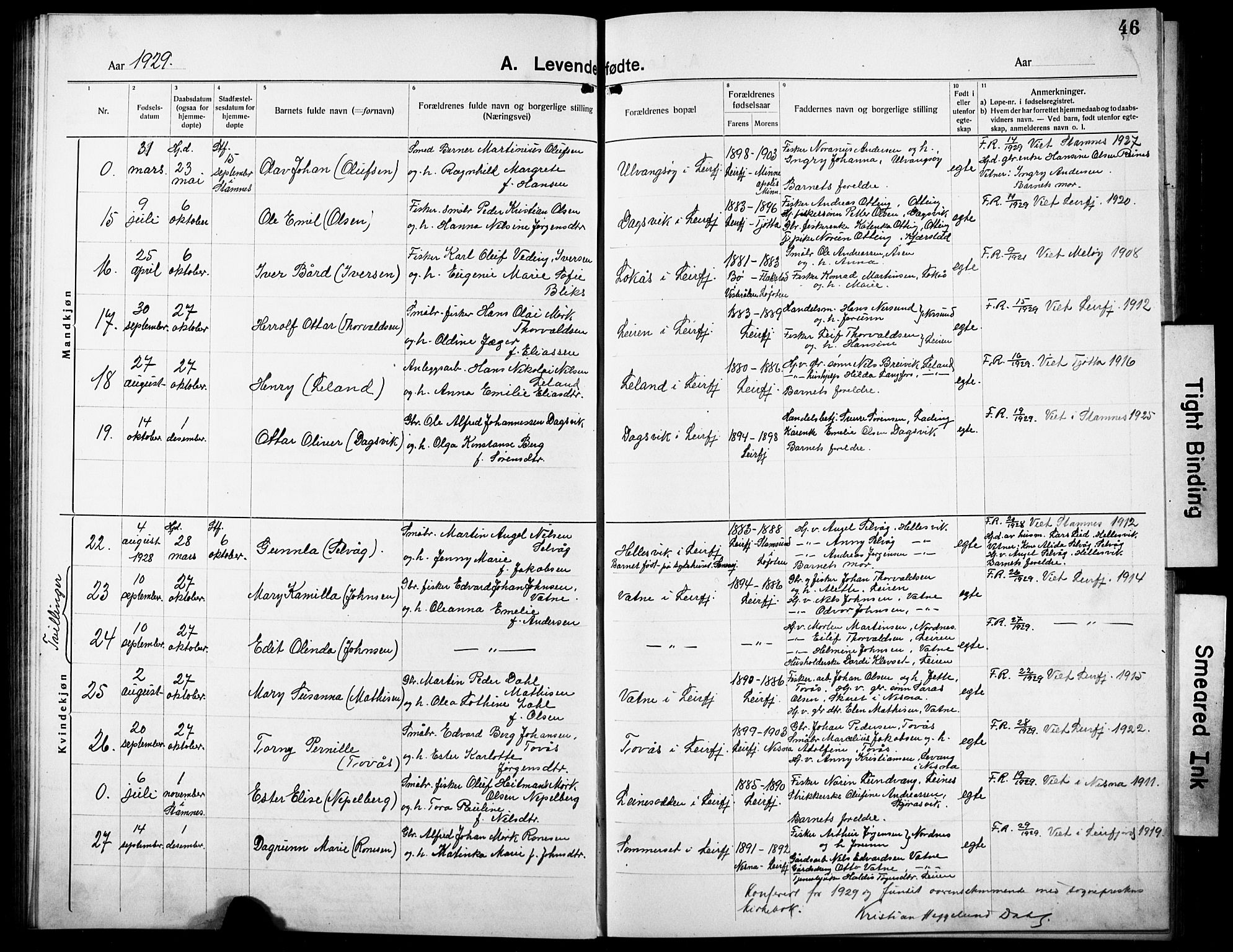 Ministerialprotokoller, klokkerbøker og fødselsregistre - Nordland, AV/SAT-A-1459/832/L0495: Klokkerbok nr. 832C02, 1920-1932, s. 46