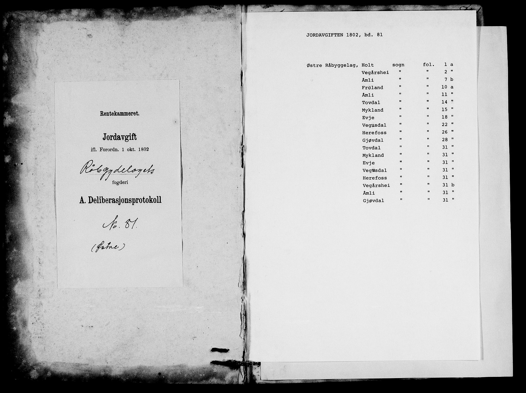 Rentekammeret inntil 1814, Realistisk ordnet avdeling, RA/EA-4070/N/Ne/Nea/L0081: Råbyggelag fogderi. Deliberasjonsprotokoll for Østre Råbyggelagets sorenskriveri, 1803, s. 1
