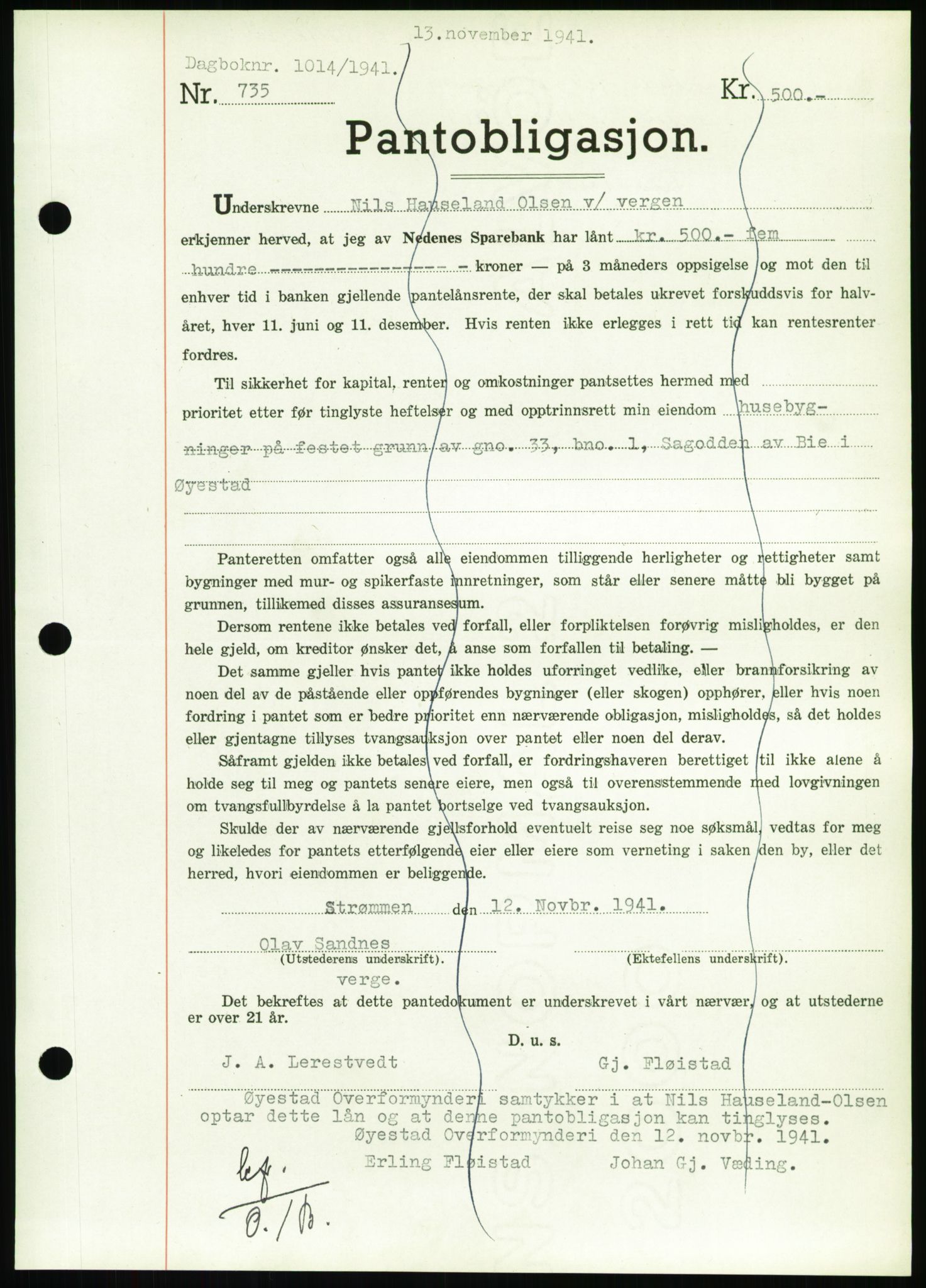 Nedenes sorenskriveri, AV/SAK-1221-0006/G/Gb/Gbb/L0001: Pantebok nr. I, 1939-1942, Dagboknr: 1014/1941