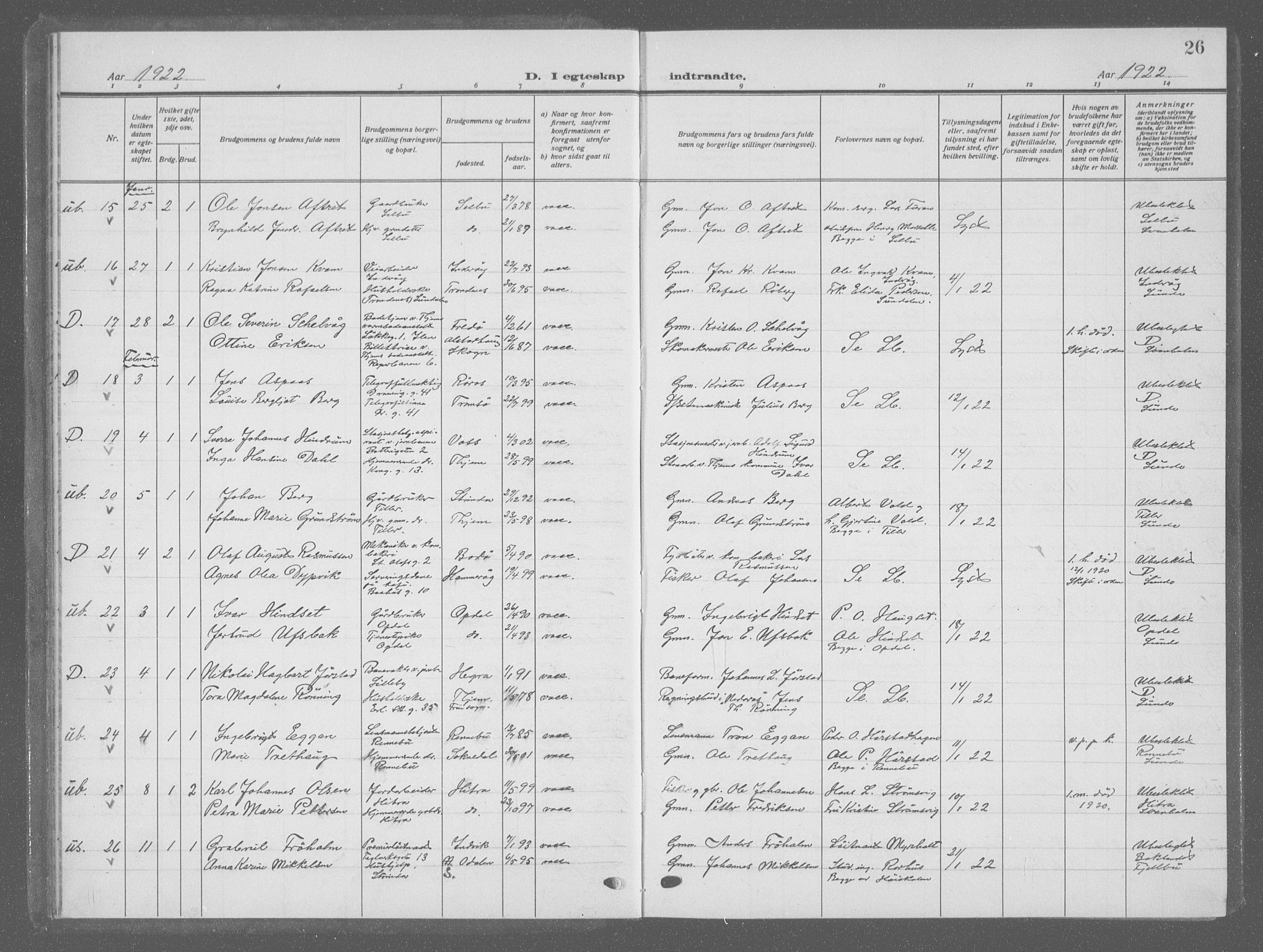 Ministerialprotokoller, klokkerbøker og fødselsregistre - Sør-Trøndelag, SAT/A-1456/601/L0098: Klokkerbok nr. 601C16, 1921-1934, s. 26