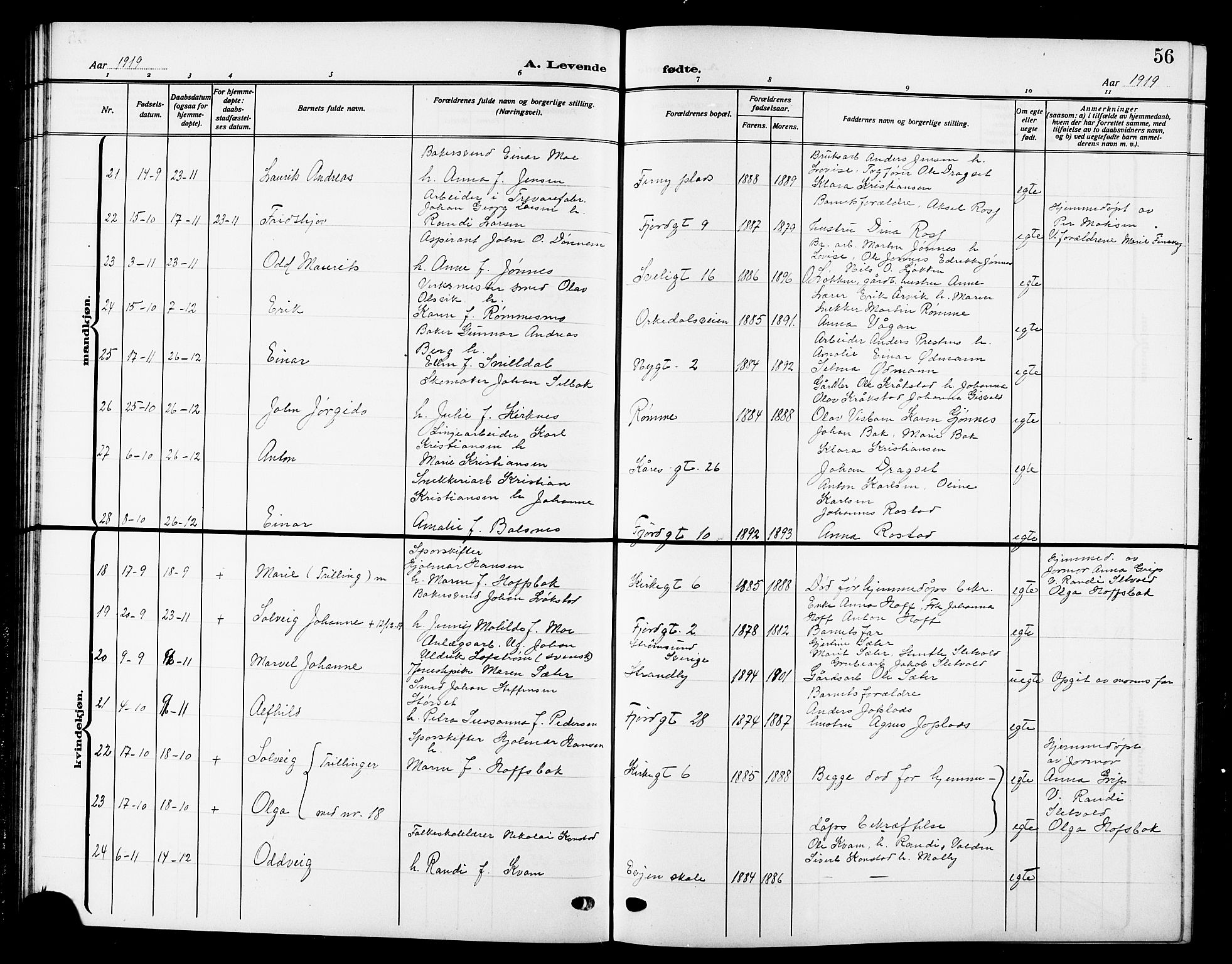 Ministerialprotokoller, klokkerbøker og fødselsregistre - Sør-Trøndelag, SAT/A-1456/669/L0831: Klokkerbok nr. 669C01, 1909-1924, s. 56