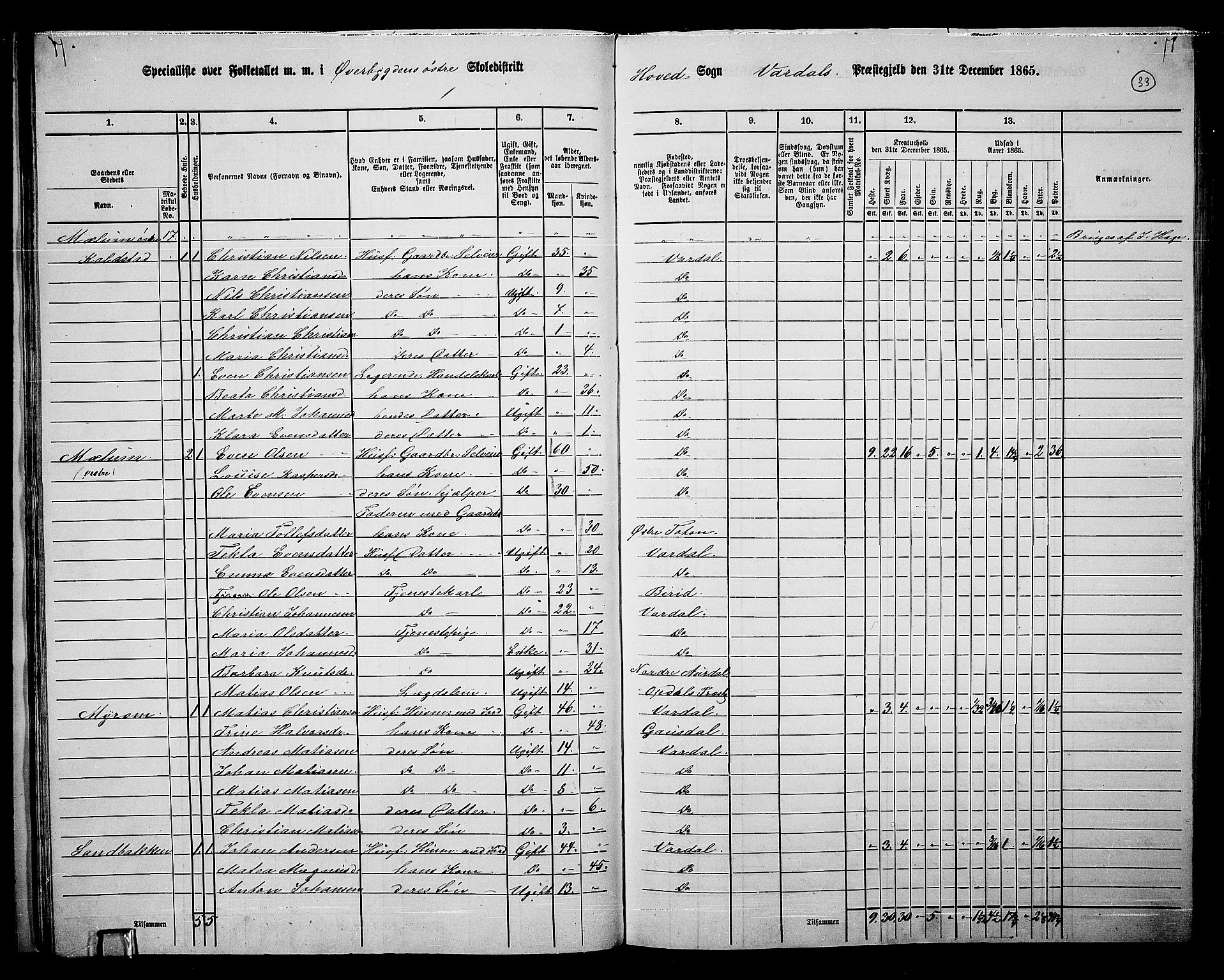 RA, Folketelling 1865 for 0527L Vardal prestegjeld, Vardal sokn og Hunn sokn, 1865, s. 29