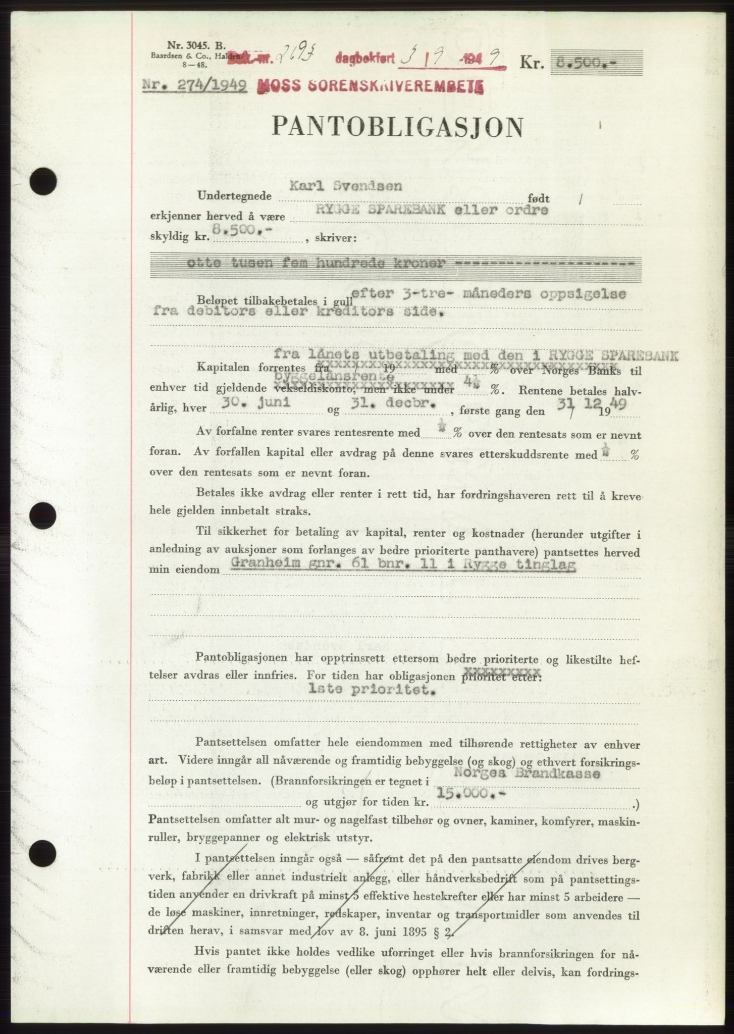 Moss sorenskriveri, SAO/A-10168: Pantebok nr. B22, 1949-1949, Dagboknr: 2693/1949