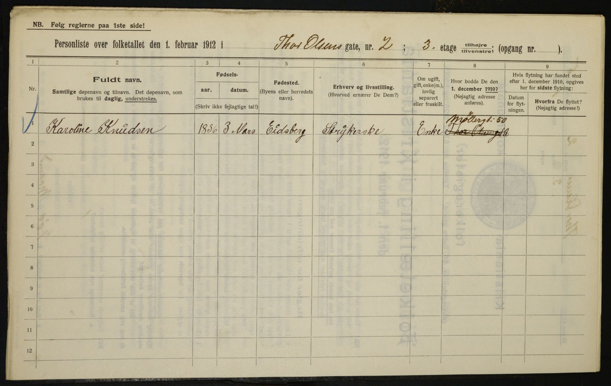 OBA, Kommunal folketelling 1.2.1912 for Kristiania, 1912, s. 109250