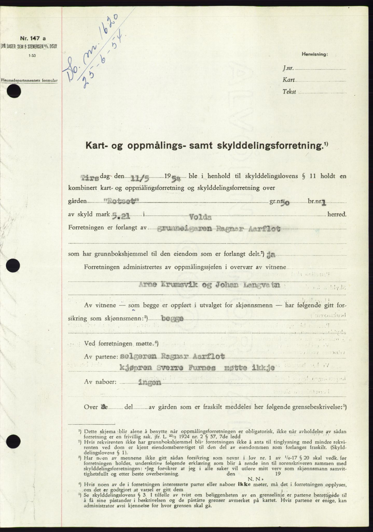 Søre Sunnmøre sorenskriveri, SAT/A-4122/1/2/2C/L0098: Pantebok nr. 24A, 1954-1954, Dagboknr: 1620/1954